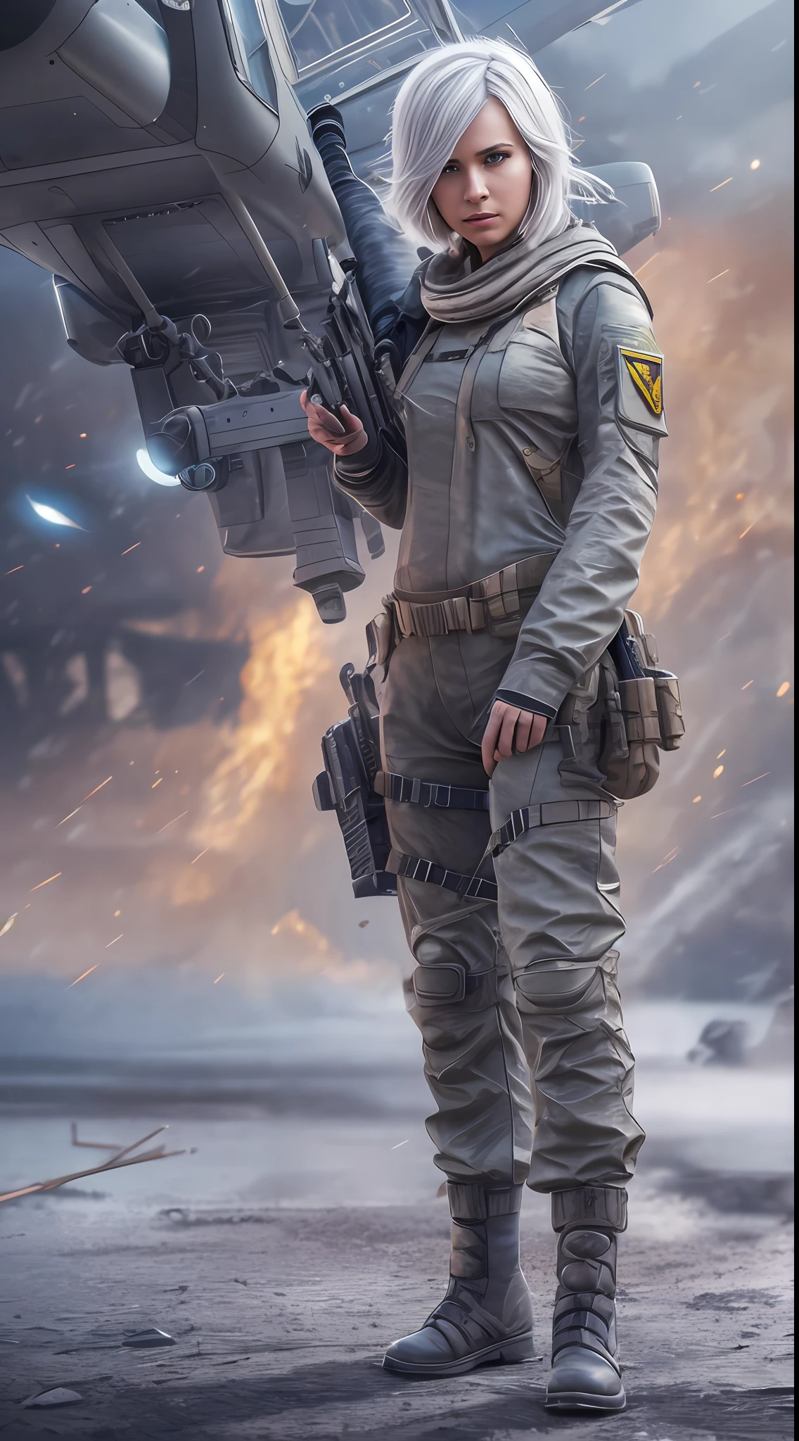 beautiful sniper girl, silver hair, best photo shot, realistic, full body, very short hair, Conceptual art, Action painting, sparkle, UHD, textured skin, masterpiece, anatomically correct, best quality, 8k,Shooting at enemies on the ground from inside a helicopter