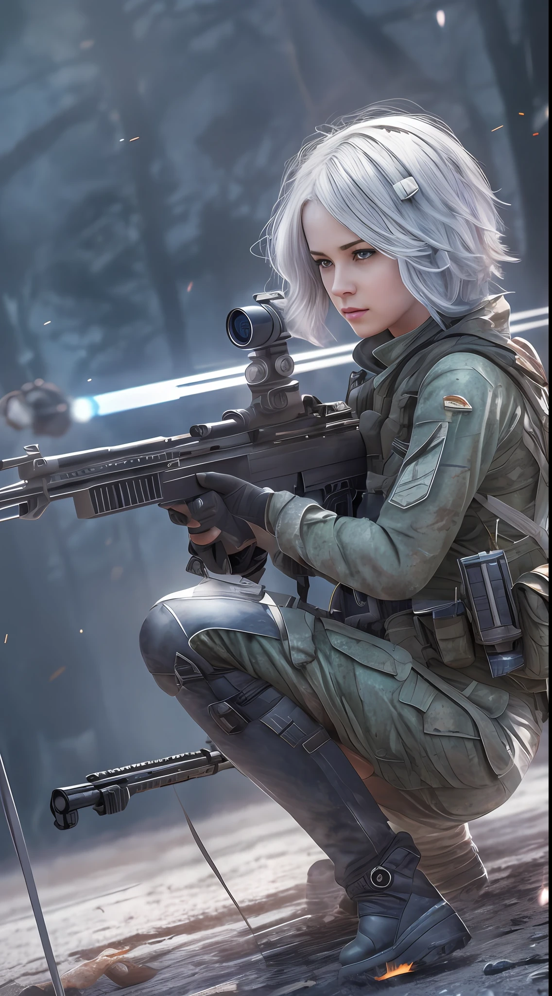 beautiful sniper girl, silver hair, best photo shot, realistic, full body, very short hair, Conceptual art, Action painting, sparkle, UHD, textured skin, masterpiece, anatomically correct, best quality, 8k,Shooting at enemies on the ground from inside a helicopter