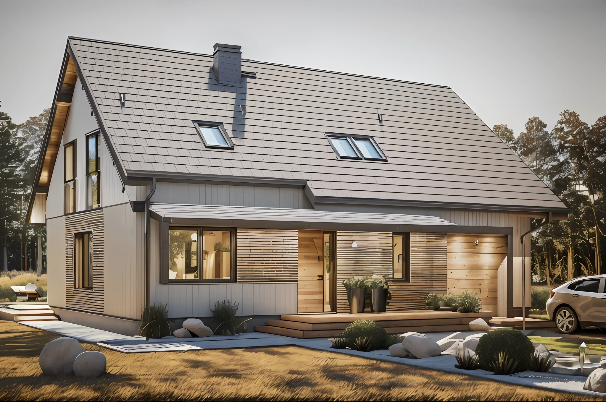 European cottage with panel roof sheet, brick wall cottage house, cottage house with pine wood decor, white wall, bright light, clear day light, (Super details), (intricate details), Master Vray, (masterpiece), (extremely intricate:1.3), ((realistic)) sharp focus,  award winning, octane render realistic, unreal engine, volumetrics rtx, modern cottage exterior render, Corona render, a rendering of a small house with a patio and a covered porch, high quality rendering, quality rendering, passive house, bright render, contemporary house, crisp smooth clean lines, beautiful rendering, architectural rendering, exterior design, high-quality render, clean render, complete house, simple gable roofs, beautiful render, concept house, house and home, pristine and clean design