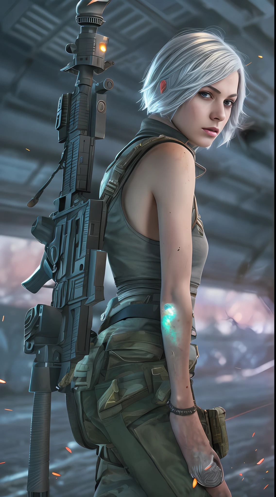 beautiful sniper girl, silver hair, best photo shot, realistic, full body, very short hair, Conceptual art, Action painting, sparkle, UHD, textured skin, masterpiece, anatomically correct, best quality, 8k,Shooting at enemies on the ground from inside a helicopter