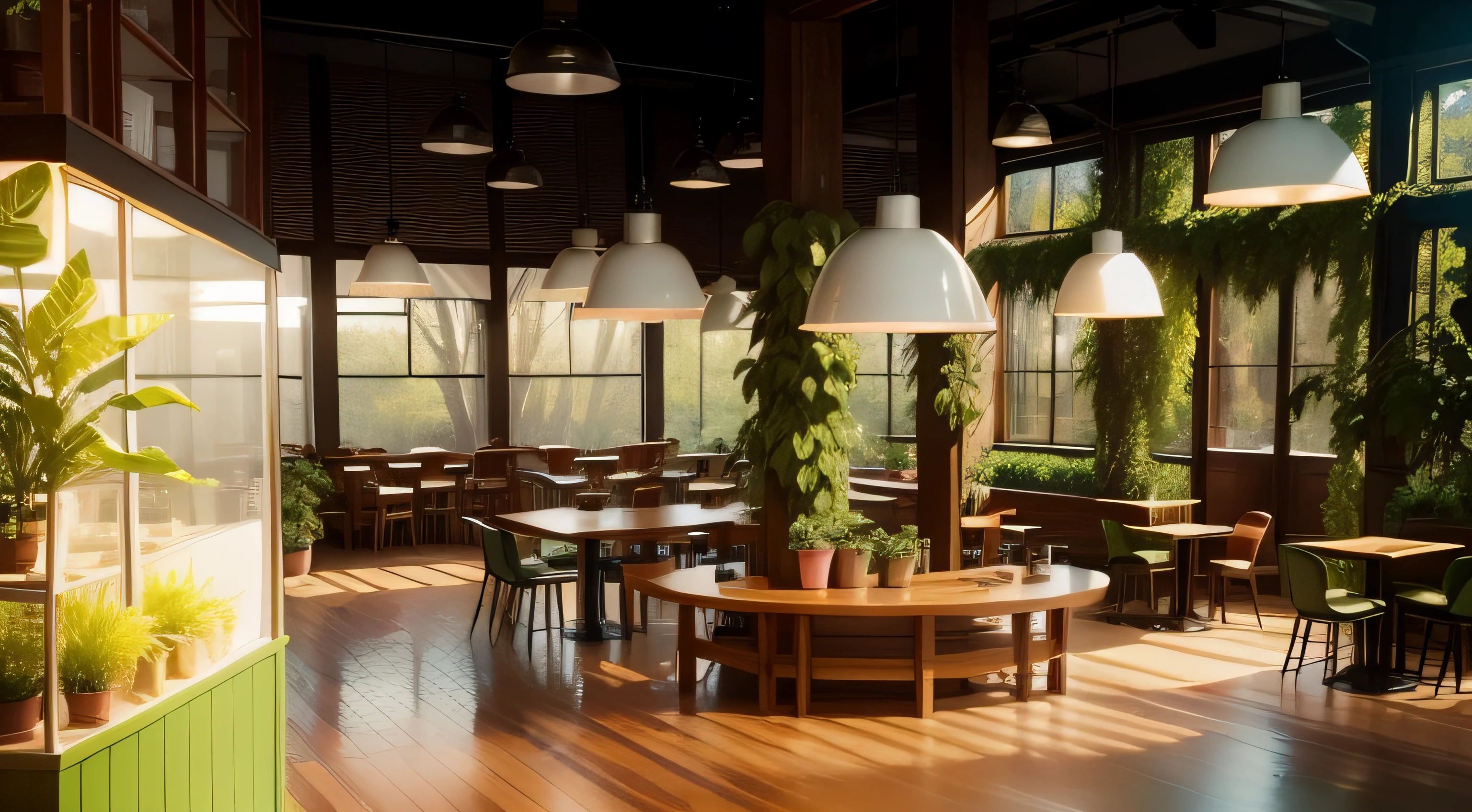 Scene inside a coffee shop,All filled with dark green stools and dark brown tables,There are plant decorations,The feeling of the forest