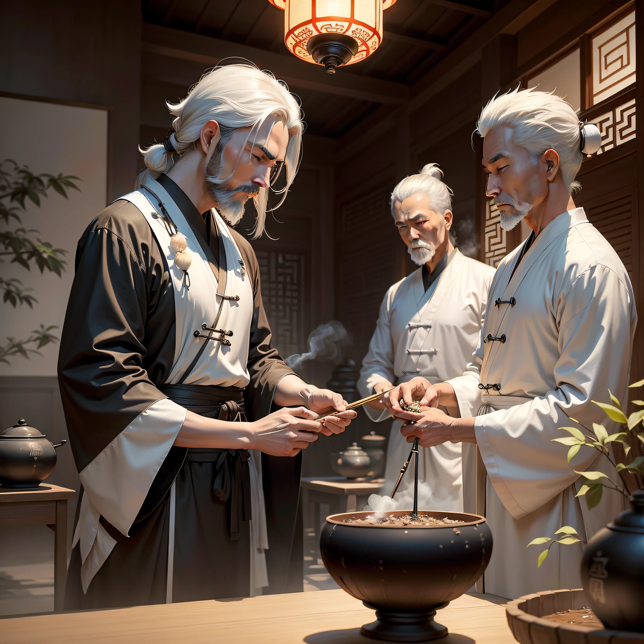 A Chinese ink painting，The painting shows a male Taoist priest wearing a Taoist robe，White hair，Long white beard，The saint holds a whisk of dust，5 fingers of the hand。On the table are Taoist objects such as Qi Men Bagua，Stand in front of a traditional Chinese Taoist temple，Wisps of cigarettes wafted in the air。Bamboo trees should be on both sides of the temple。Illustrations should reflect the style of traditional Chinese ink painting。Depicting Taoist monks in the traditional Chinese ink painting style，The essence that evokes the inspiration of Eastern culture and the tranquility of Taoist temples。