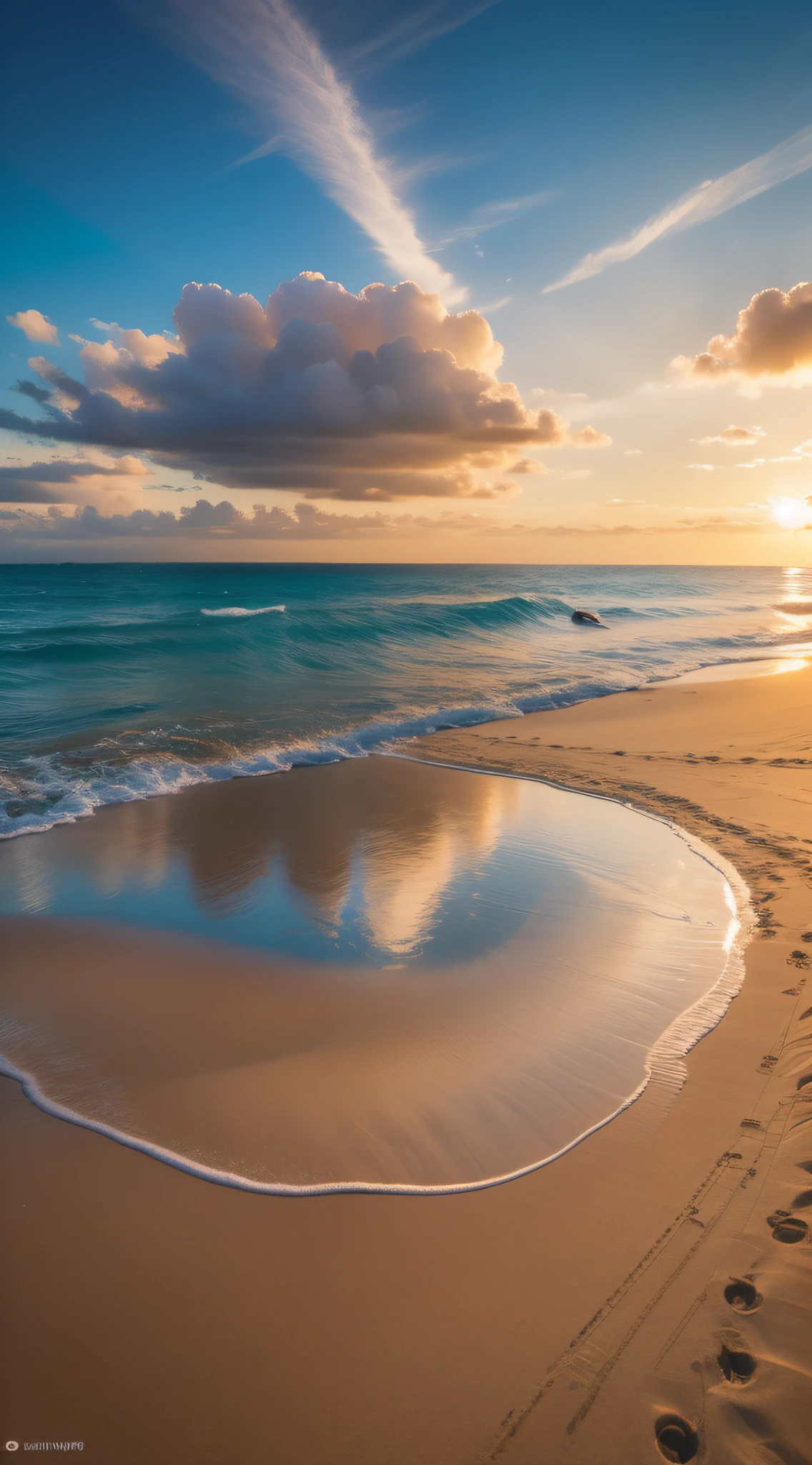 Heart-shaped white clouds,evening light,beachside,sandbeach,Lonely sailboat,An island in the distance,Miscellaneous details,Volumetric lighting BREAK(tmasterpiece:1.2), (Best picture quality), 4K, Ultra-delicate, (dynamic compositions: 1.4), Rich in detail and color, (Irridescent color: 1.2), (with light glowing, Atmospheric lighting)