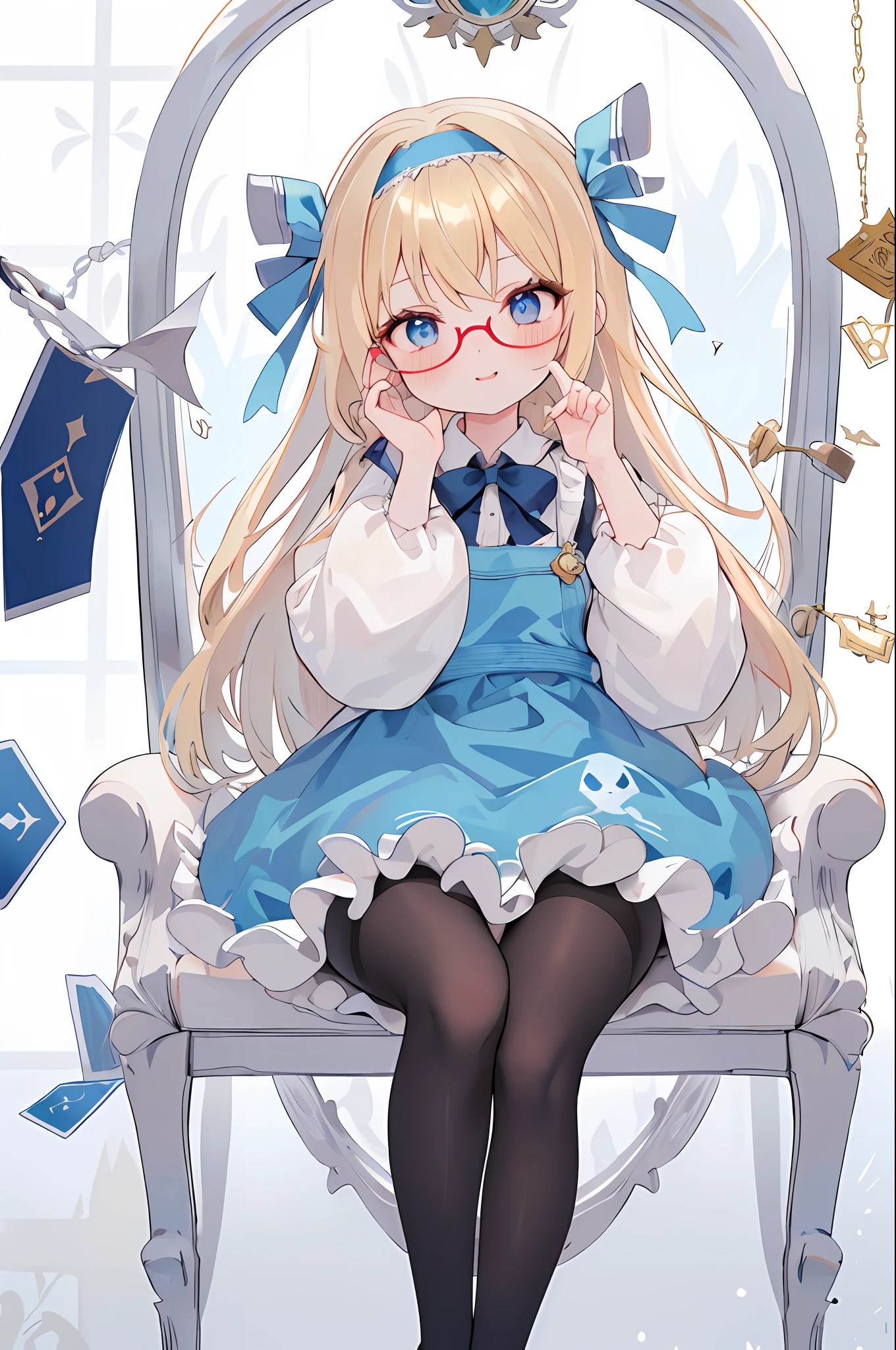 1girl in, 独奏, length hair, blue eyess, blonde  hair, ((eye glass)), sitting on, panthyhose, doress, the bow, The card, pinafore, shairband, PlayingCards, looking at the viewers, shortsleeves, Hair bow, blue hairband, a smile, red blush, hand on own face, a blue dress, alice(alice in the wonderland), hair between eye, a chair, Black pantyhose, blue bow, a throne, puffy sleeves, Put your hand on your cheek, bangss, puffy short sleeves, bow ribbon、Very long hair、mini crown、foot out of frame、frilld、White apron、:q、​masterpiece、top-quality、