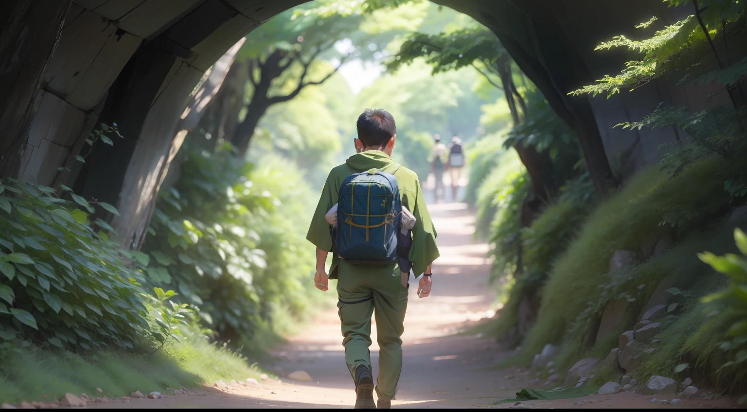 The son saw his father carrying a piece of green cloth wrapped in something,Get out the door,Hit the trail,Then walk towards a cave in the mountains。