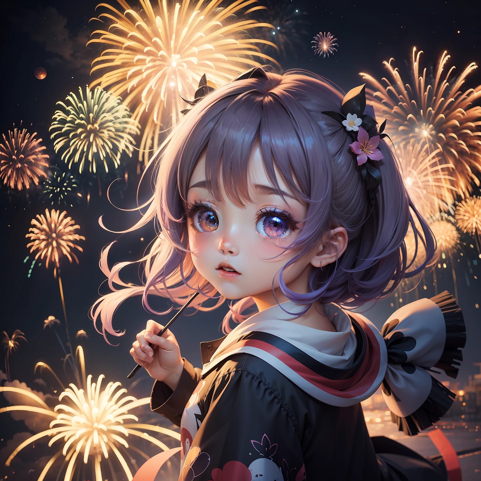 Floating in the night sky、With cute and beautiful chibi anime characters、Colorful fireworks