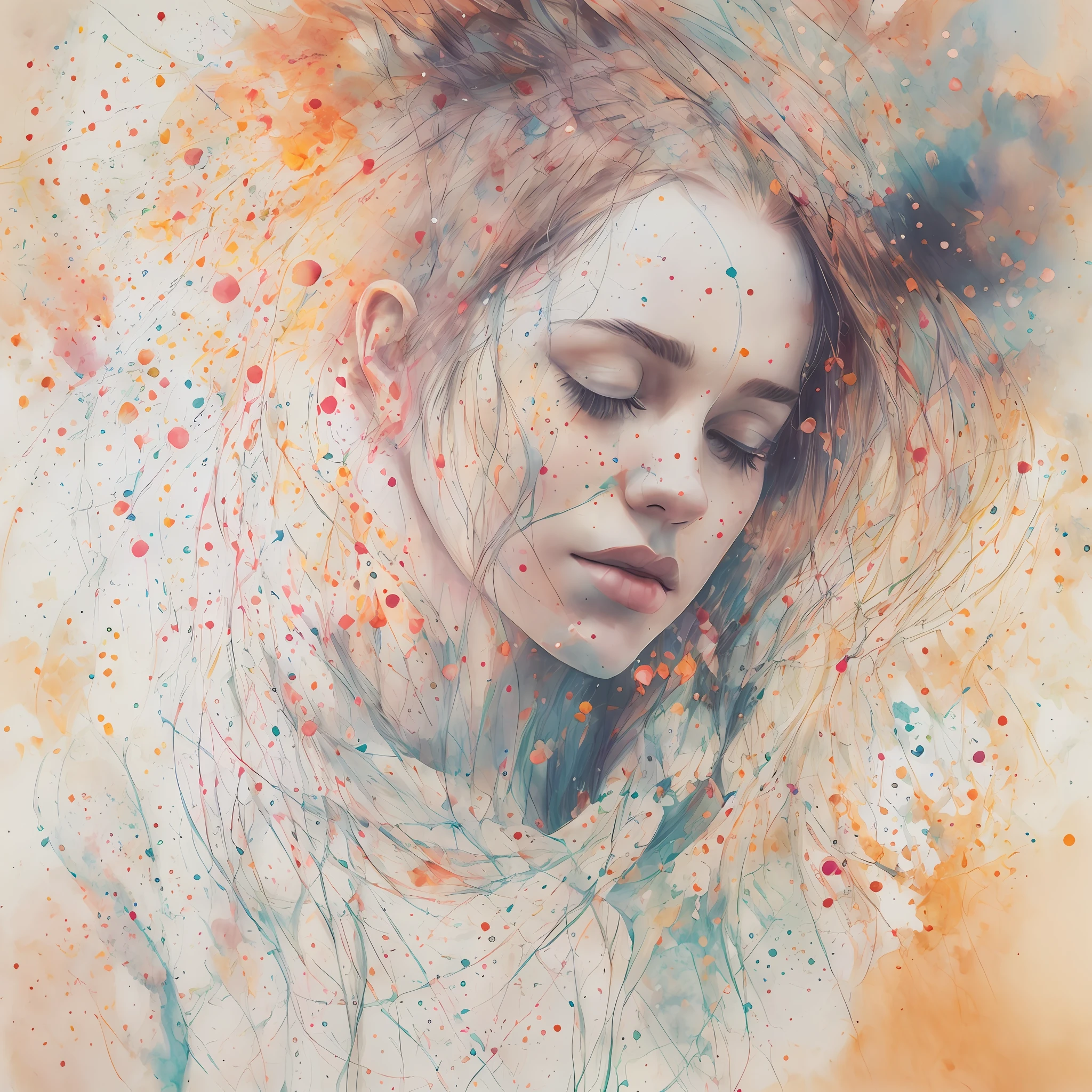 woman with agnes cecile, glowing design, pastel colors, ink drops, autumn lights