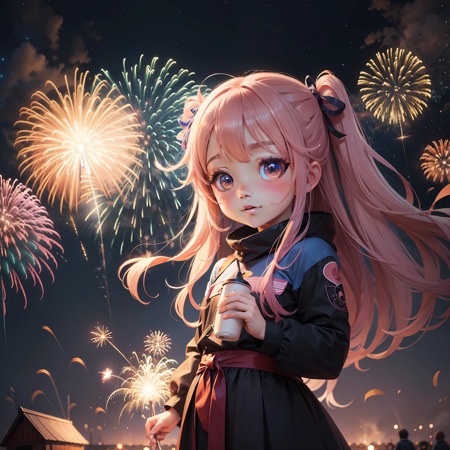 Floating in the night sky、With cute and beautiful chibi anime characters、Colorful fireworks