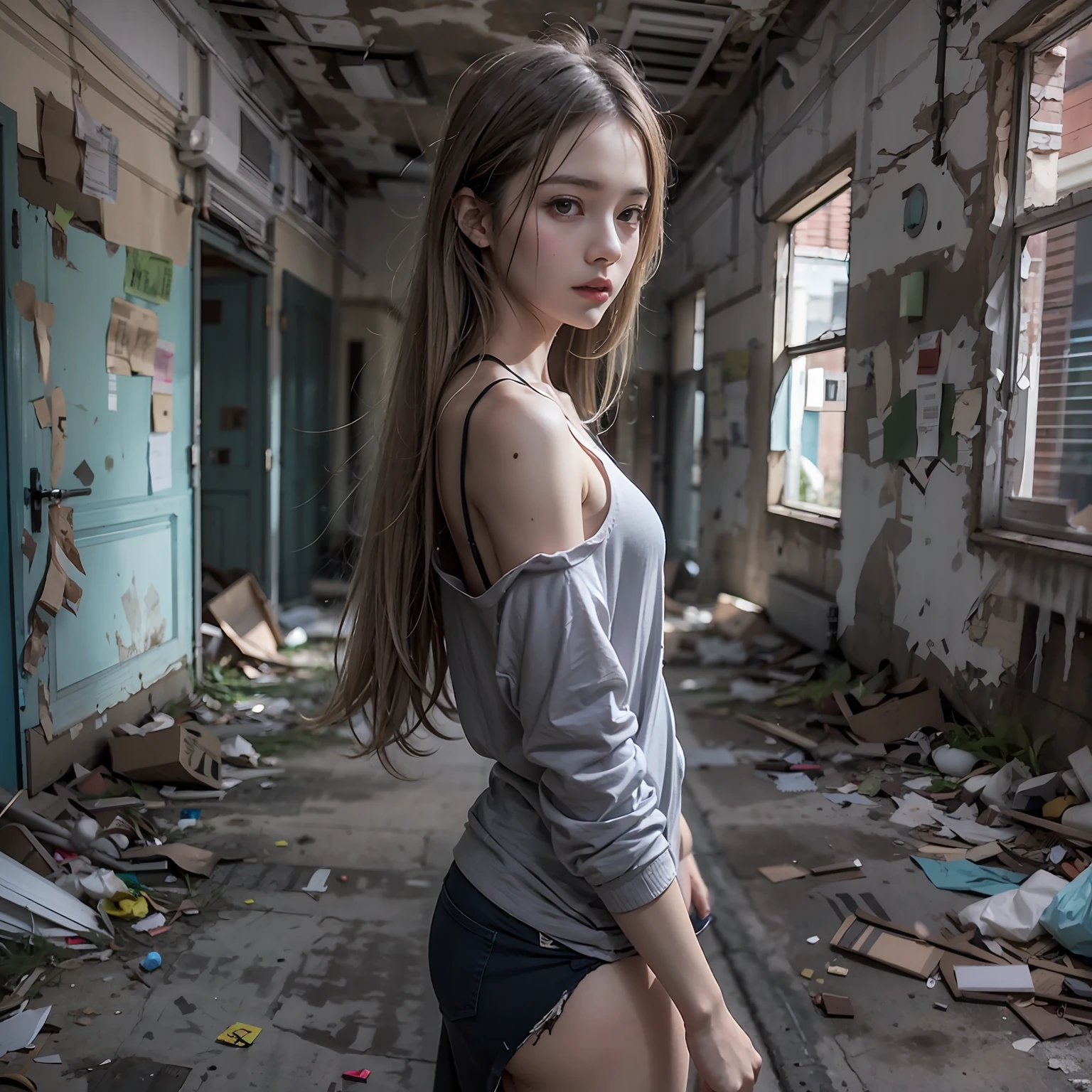 Corridors of abandoned school buildings,Sexy standing pose,Garbage all over the ground,grimy,Dilapidated,Devastated,best qualtiy,full-body portraits(1:1),delicated face,18 years old girls,lean and slender body,Skinny,Smaller bust,The barefoot,junk,exhibitionism,exhibitionists,no clothes are worn,don't have clothes