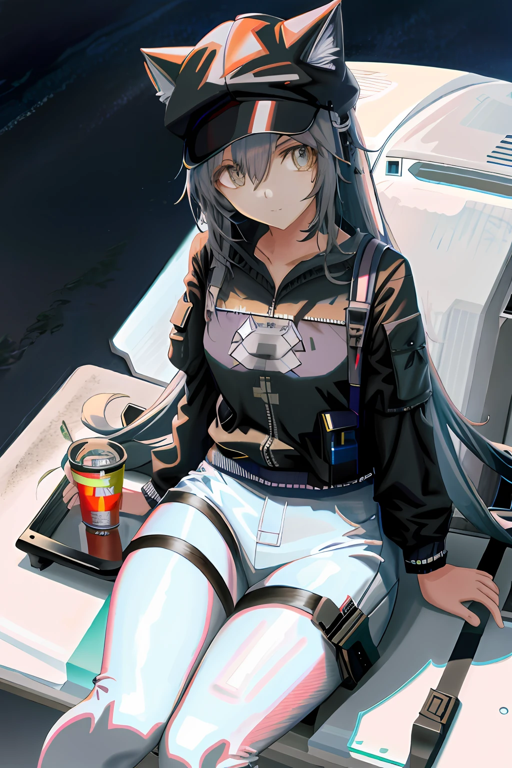 Show the best 4K anime wallpapers in sci-fi style，An anime girl holding an energy drink，Wearing a cute cat hat，Immerse yourself in the anime world of the Kangtai collection。She works with the cyberpunk mech girl to show the charm of Guwitz，Be in the Pisif Art Station，Enjoy the colorful seaside anime scene。Please add a parasol in the upper left corner of the image。