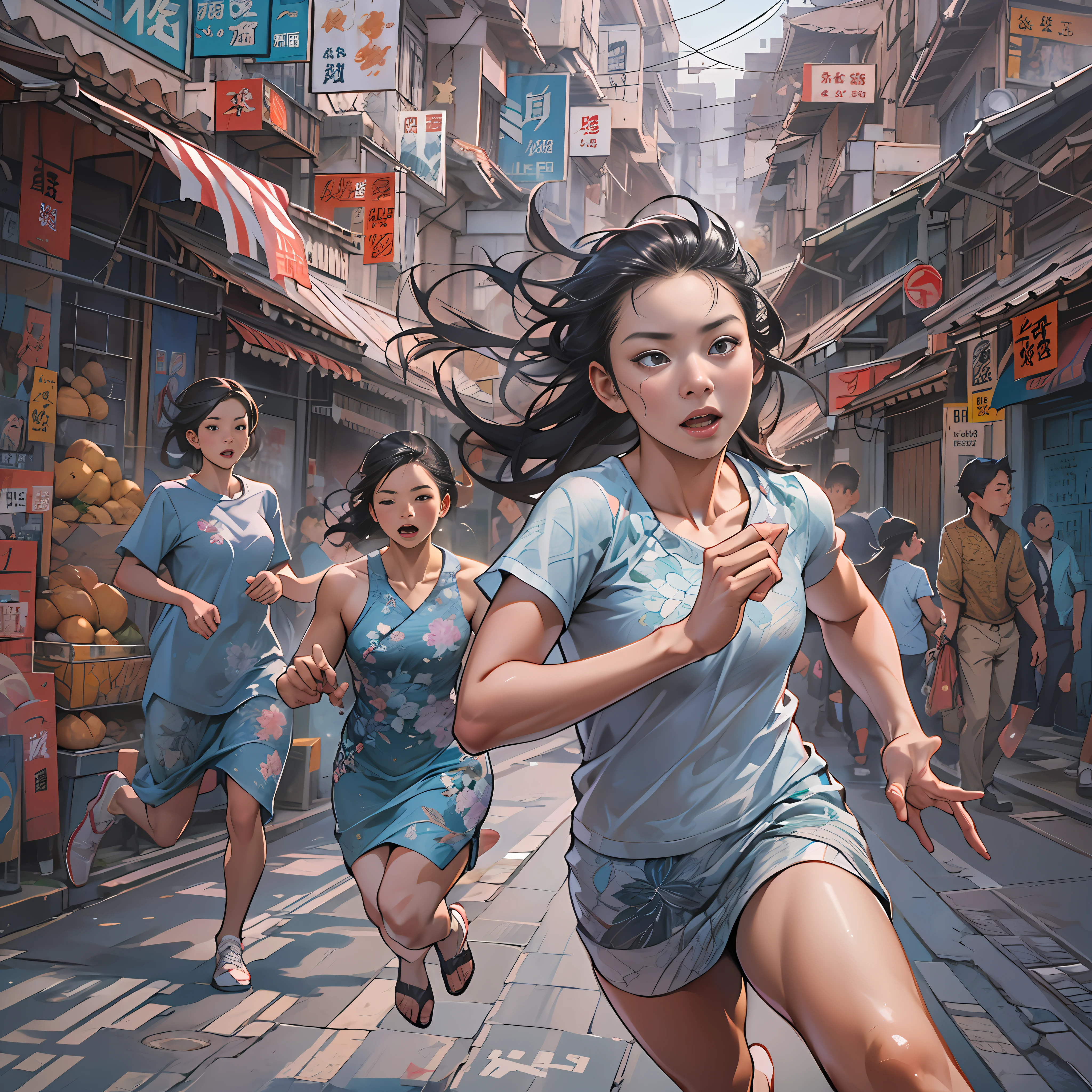 A young Chinese girl running through the streets, james bullough, dynamic and expressive animations, 1st version, candid moments captured, social commentary artist, heroic ,in the style of the stars art group xing xing, 32k, best quality, masterpiece, super detail, high details