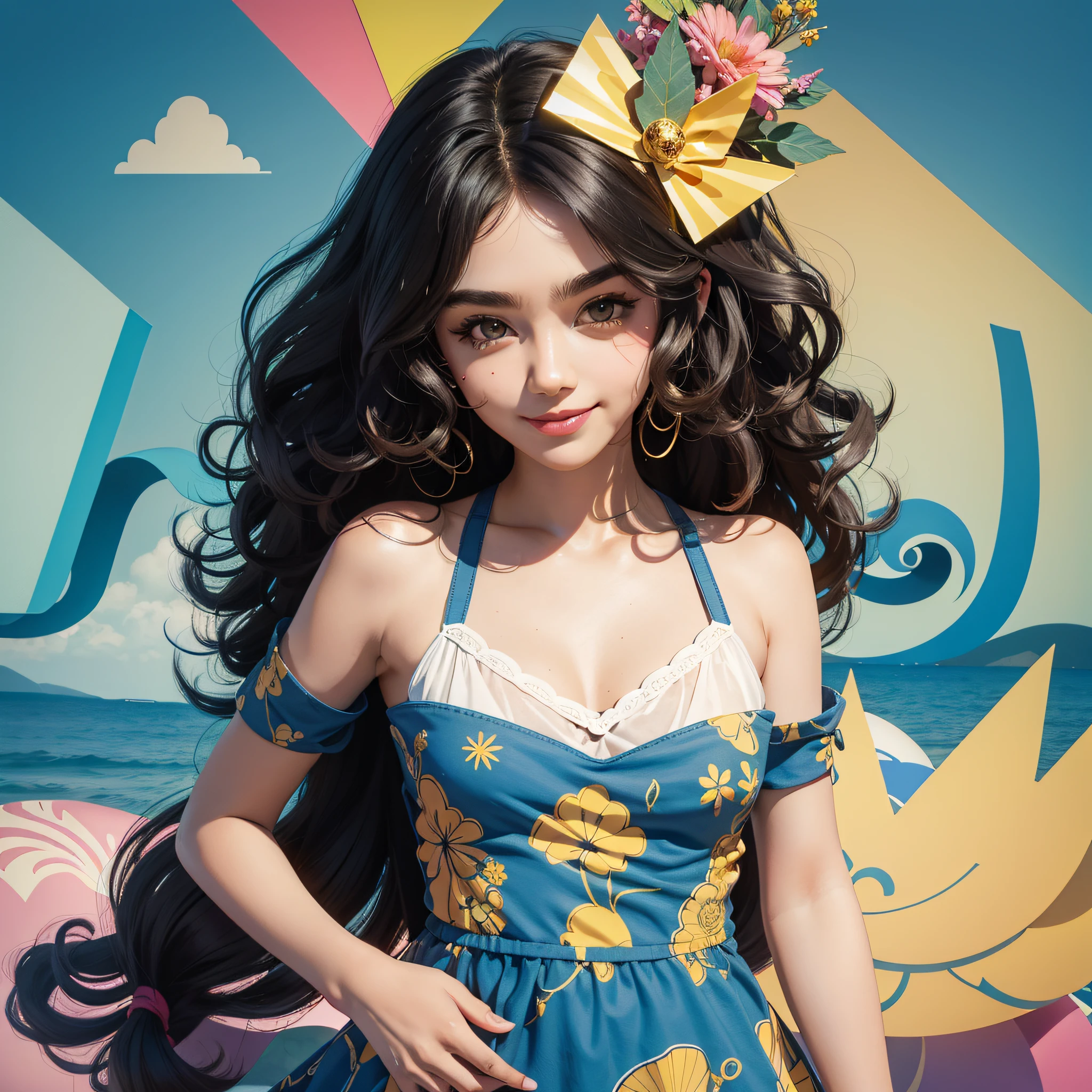 Curly hair, Big eyes, high cheekbones, thick bushy eyebrows ,Smile, Summer, Flat illustration,geometric shapes,Minimalism,Memphis style, Style Expressiveness --Q 2 --niji 5