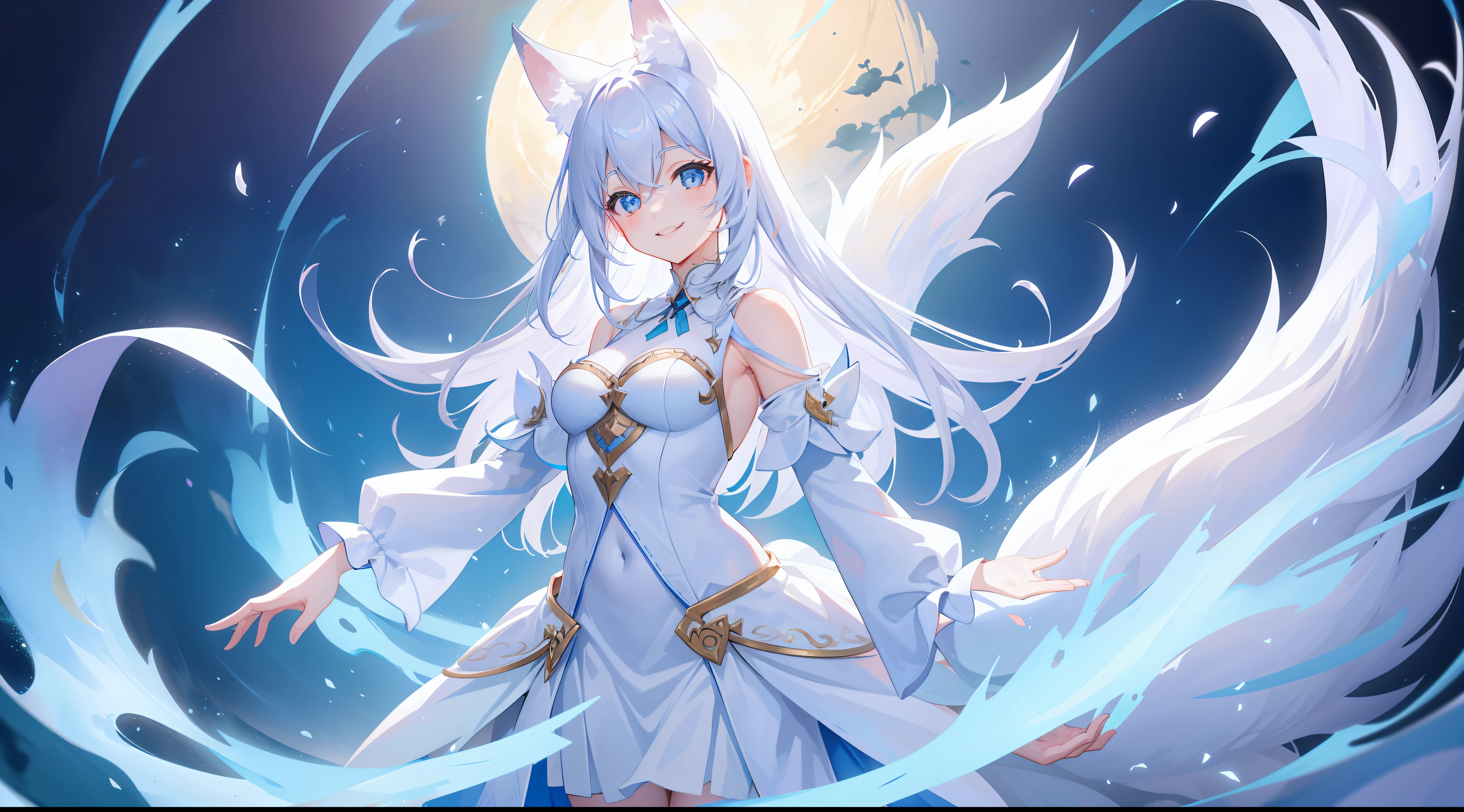 The standing white fox fairy is smiling，No hands exposed