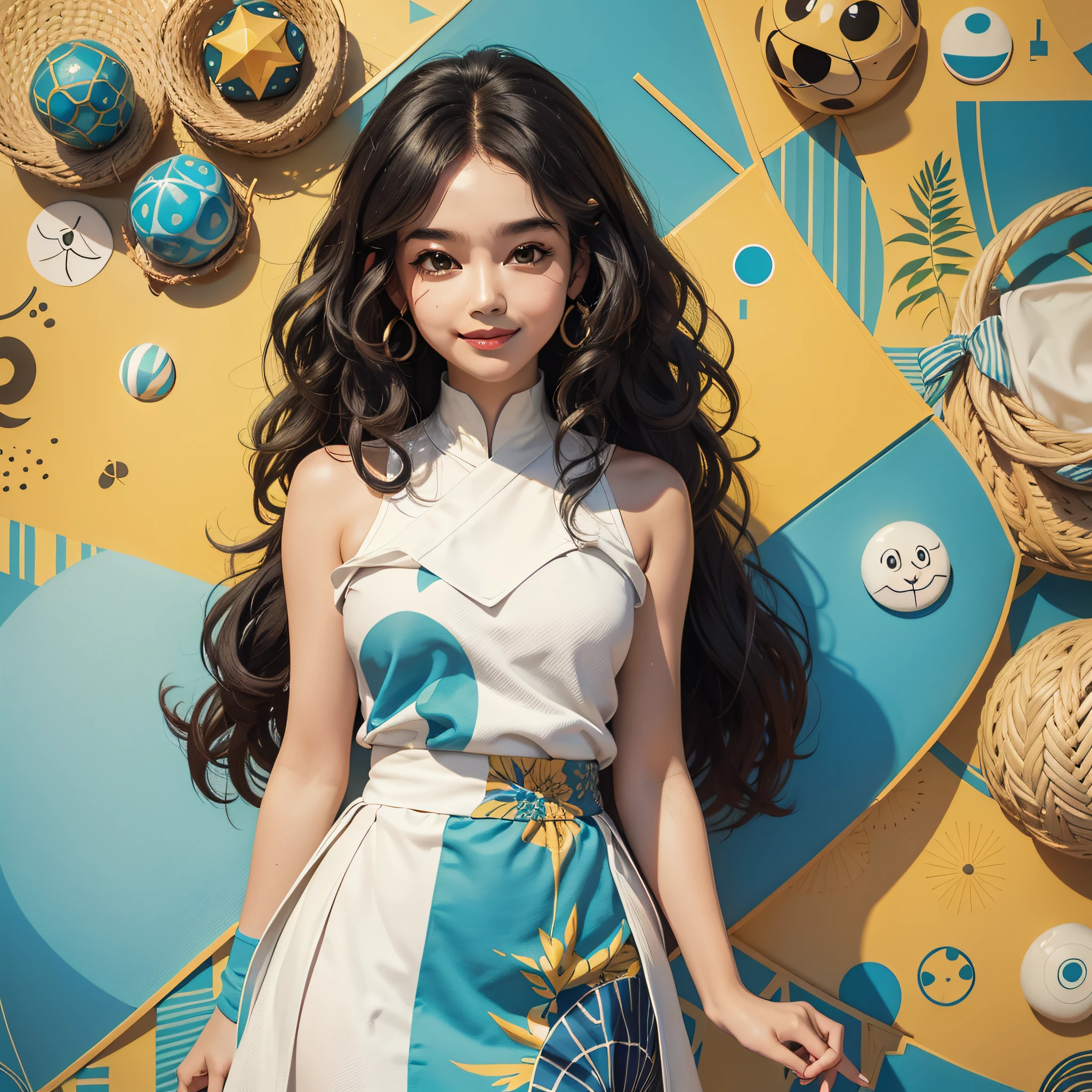 Curly hair, Big eyes, high cheekbones, thick bushy eyebrows ,Smile, Summer, Flat illustration,geometric shapes,Minimalism,Memphis style, Style Expressiveness --Q 2 --niji 5