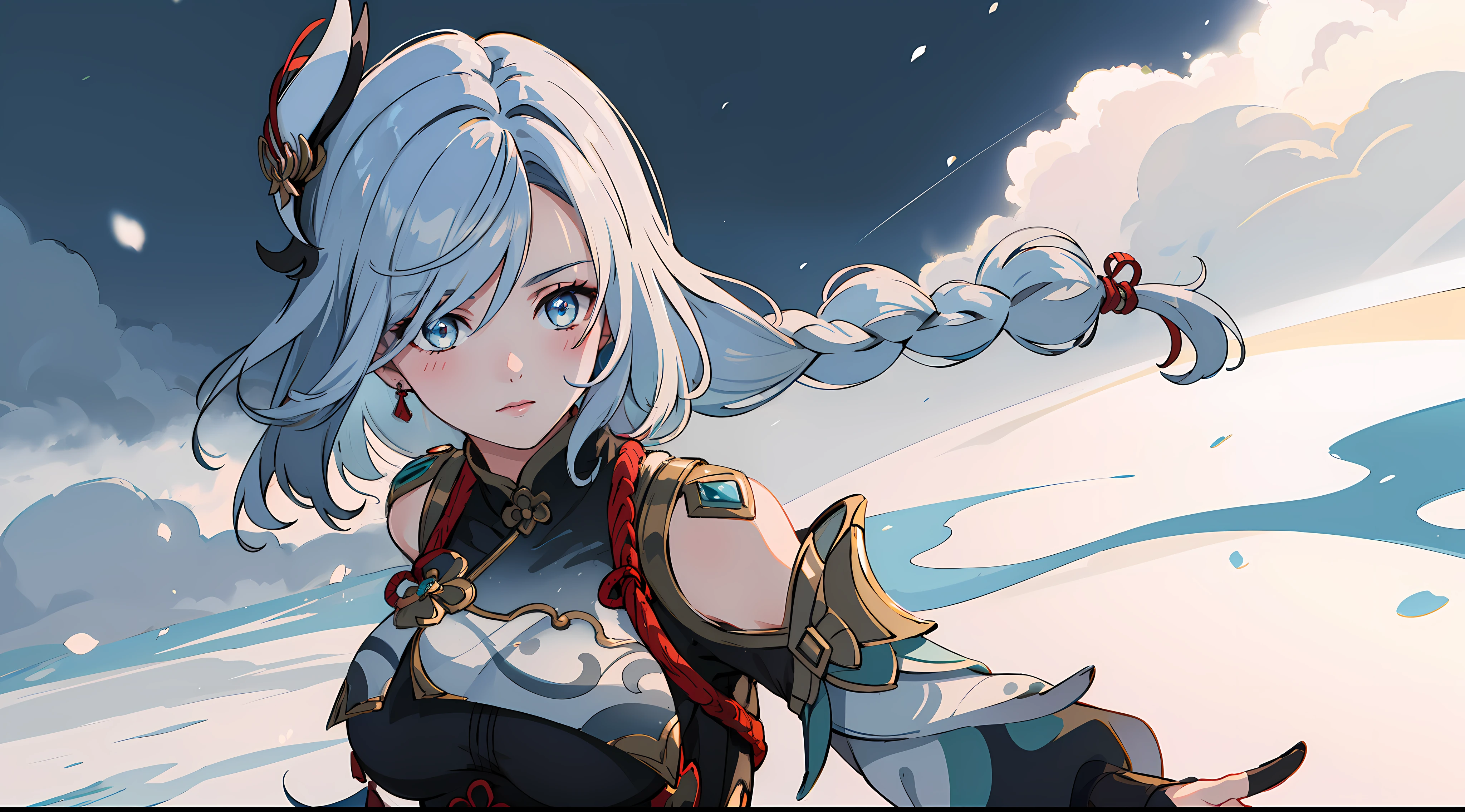 shenhedef, upper body, seductive look, blush, outdoors, snowflake scenery, looking at viewer, cloudy, moody lighting, (perfect detail eyes:1.2), glowing eyes, (long hair one braid:1.2), elemental skill effect, (Masterpiece, Best Quality, High Quality:1.4), professional artwork, Intricate Details, field of view, sharp focus, detailed painting, photorealistic lighting, trending on pixiv, (vivid lighting, vibrant colors:1.05), realistic shadows, ambient occlusion, (athletic body:1.3), mature woman, 30yo,
