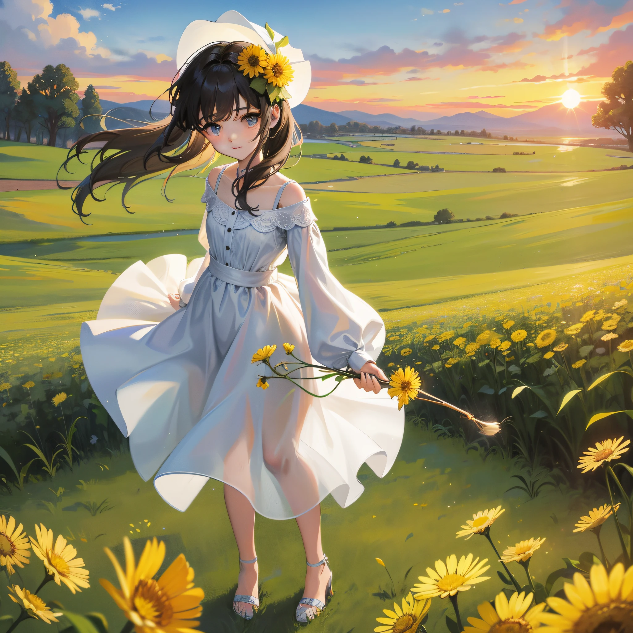 A super cute little girl,on a grassy field,Holding a dandelion in his hand to blow the wind,The sky is covered with dandelions,dream magical,Dusk and sunset,32K,OilPaintStyle,acrylic pour,Picture book illustration,The lines are vivid,mid range,32k --s 450 --ar 9:16 --q 4 --niji 5 --ar 9:16 --Q 3