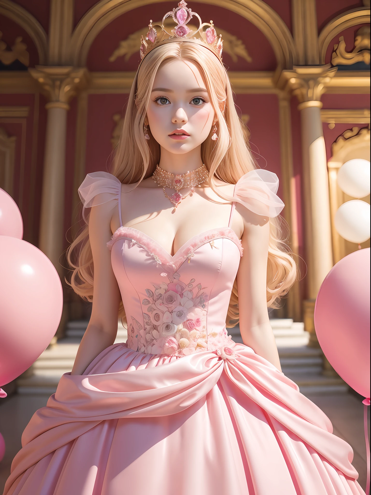 A Barbie princess wearing a lovely pink lightweight dress, wearing a beautiful crown, an indoor photography of a labyrinth of monumental, inflated pink balloons, an art installation by Martin Creed, ((Full body shot)), pink background, delicate face, white skin, delicate facial features, perfect facial features, delicate hair portrayal, delicate eyes portrayal, 8k picture quality, atmosphere sense, the highest quality, masterwork, extreme detail, high resolution, blurry foreground, foreshortening, high quality, Masterpiece, best quality