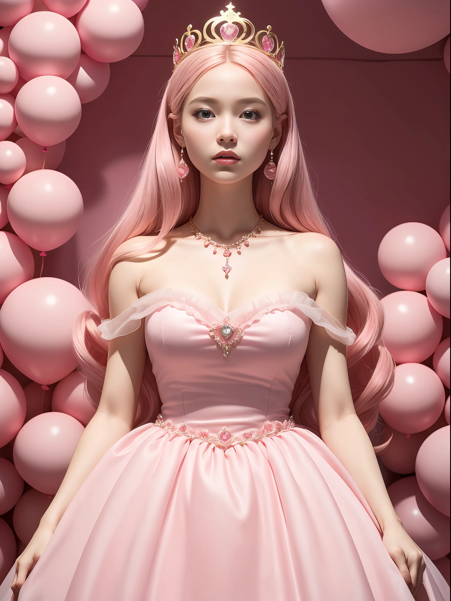 A Barbie princess wearing a lovely pink lightweight dress, wearing a beautiful crown, an indoor photography of a labyrinth of monumental, inflated pink balloons, an art installation by Martin Creed, ((Full body shot)), pink background, delicate face, white skin, delicate facial features, perfect facial features, delicate hair portrayal, delicate eyes portrayal, 8k picture quality, atmosphere sense, the highest quality, masterwork, extreme detail, high resolution, blurry foreground, foreshortening, high quality, Masterpiece, best quality