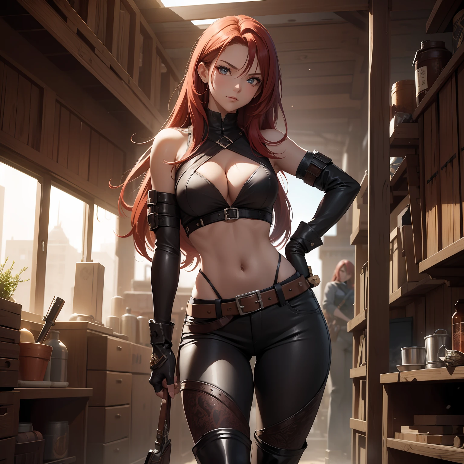 (masterpiece, best quality, ultra HD, 8k, wallpaper), cinematic view, full body view, front view, perfect body, perfect anatomy, curvaceous body, alluring, perfect hands, perfect eyes, detailed eyes, long round legs, round ass, meet the daring gunslinger, a captivating woman exuding confidence, strength, and mystery, standing at 5'8" with a slender yet athletic build, she owns her wild and untamed appearance with mid length red hair flowing down to her lower back, adding to her allure, her outfit screams adventure, featuring a burgundy, high-collared, sleeveless leather vest adorned with silver buckles and intricate stitching, beneath it, a fitted, ripped black shirt tells tales of her battles and escapades, completing her attire are knee-high black leather boots, engraved with intricate patterns, and dark brown leather pants offering flexibility, her weapons of choice, a pair of customized revolvers, are true works of art, polished silver frames with wild west engravings, blued barrels, and smooth dark brown wood handles that rest comfortably in specially designed quick-draw holsters on her hips, in this dusty western town, she stands amidst wooden buildings showing signs of action and adventure, the sun sets the sky ablaze with oranges and purples, while distant mountains loom majestically, few people walk the streets, allowing her to remain the center of attention, her pose and facial expression radiate her confidence and competence, the gunslinger is ready for anything that comes her way, add any creative elements to enrich the artwork and bring her dynamic character to life