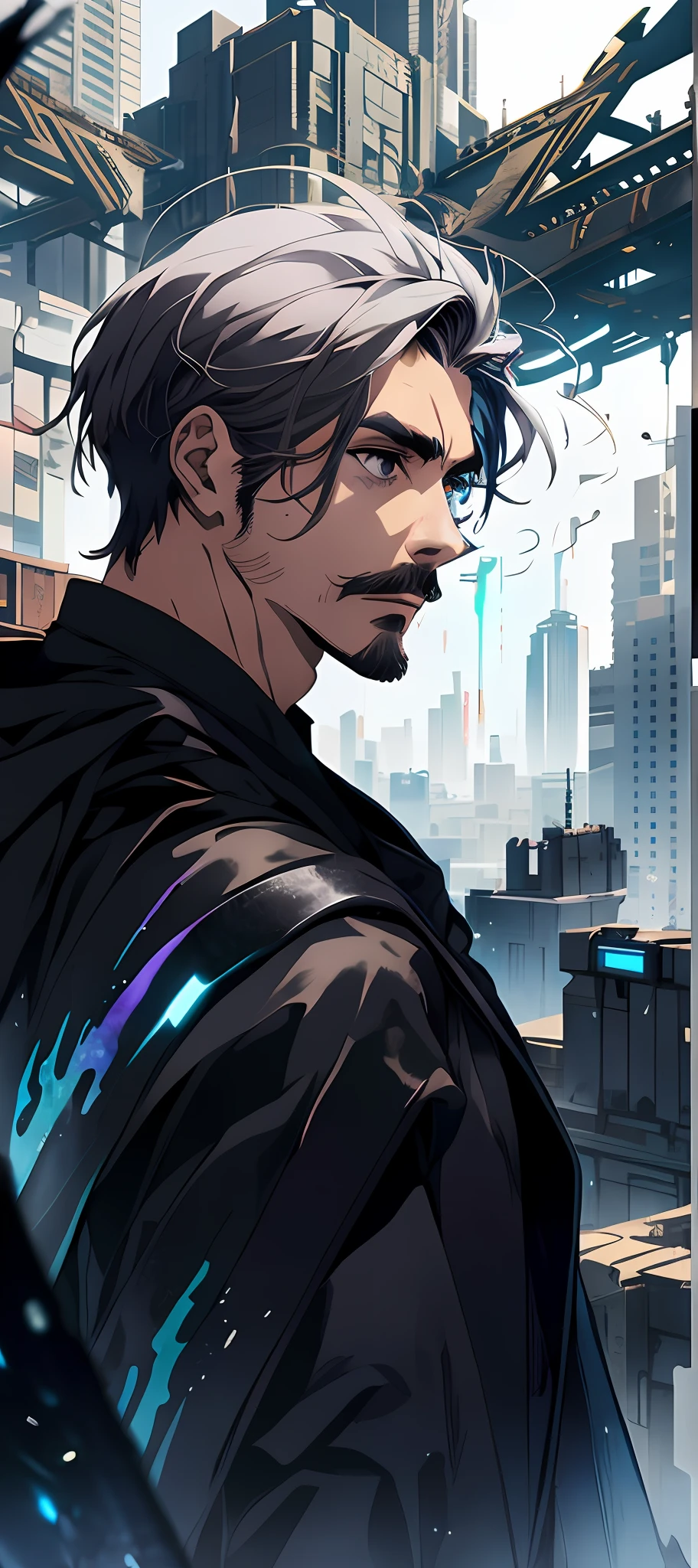 Anime man with white hair and beard standing in front of a city, estilo de arte cyberpunk, Homem de Ferro Cyberpunk, cara cyberpunk, no estilo cyberpunk, arte digital do anime cyberpunk, estilo de arte cyberpunk, Retrato de um homem cyberpunk, arte de anime cyberpunk, cyberpunk hero, cyberpunk digital - arte de anime, cyberpunk themed art, Anime cyberpunk moderno, tony Stark, em cyberpunk city