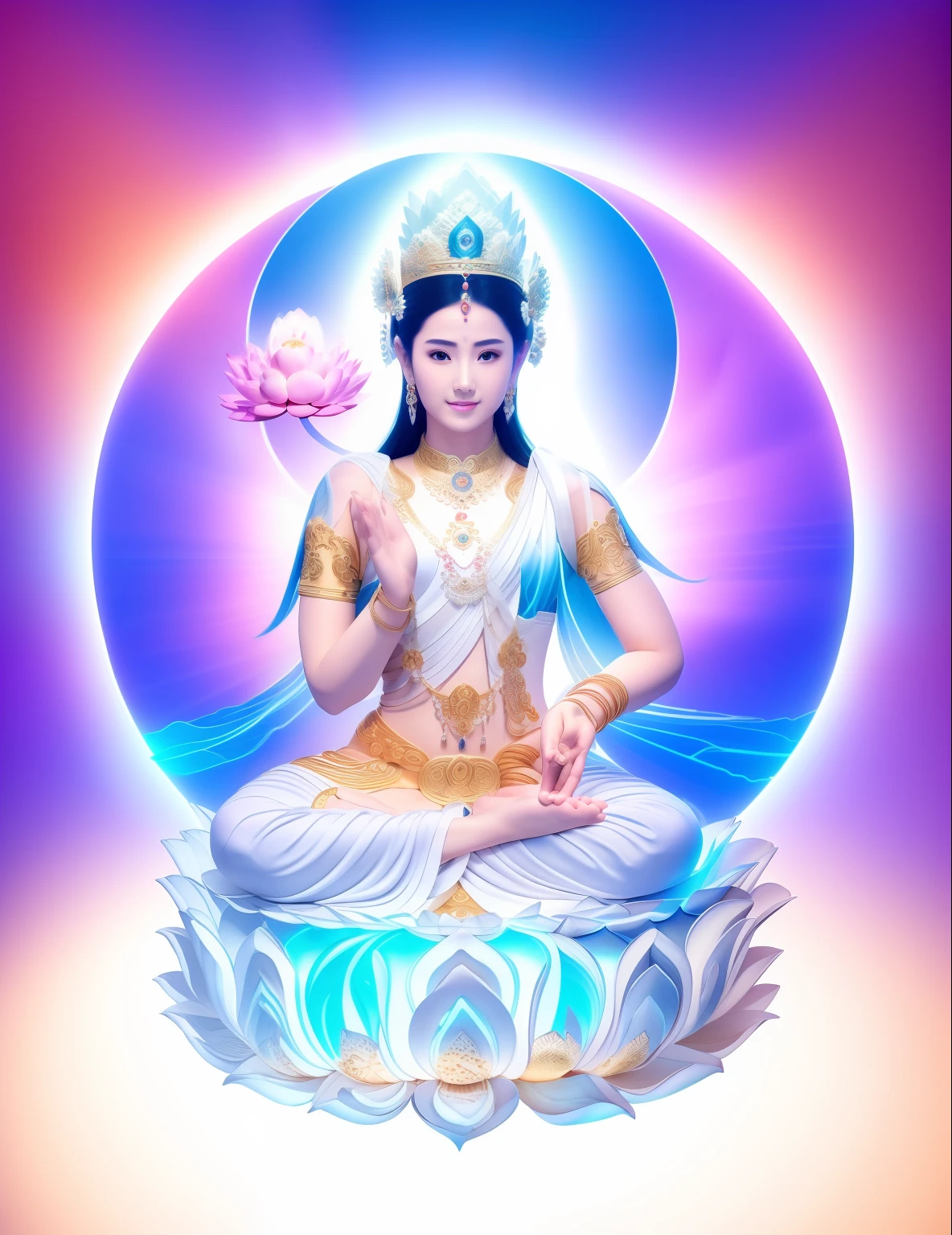 There is a beautiful goddess in the void，Young teenage girl，Goddess in white，Fair skin is delicate and smooth，Radiant skin，A delicate and refined crown，inlaid gemstones，Yingluo，Sit on a lotus in the air，Surrounded by white clouds，Pinch the stem of the lotus flower with one hand，The other hand extends the palm，white skinned，White clothing，baiyun，Blue sky，Head background with round light，There is a five-color circle behind him，Color glow is turned on，Front lighting，Positive light，No shadows on the face，There are no shadows on the body，Blue sky，Unreal space，ethereal world，dreamworld，with blue sky and white clouds，tmasterpiece，4K，ultra-definition，professional photoshooting，