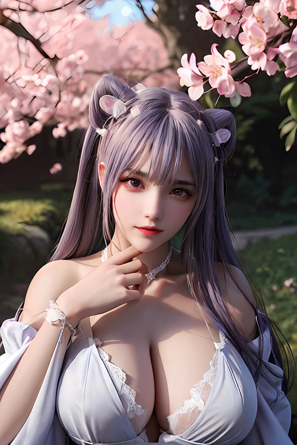 delicated best quality ,masterpiece, illustration, an extremely delicate and beautiful, extremely detailed ,CG ,unity ,8k wallpaper, Amazing, finely detail, masterpiece,best quality,official art,extremely detailed CG unity 8k wallpaper, absurdres, incredibly absurdres, huge filesize , ultra-detailed, highres, extremely detailed,beautiful detailed girl, extremely detailed eyes and face, beautiful detailed eyes, light on face,1girl, (Super realistic), ((( purple hair))) , (purple eyes), (Twin Tails), (Rabbit style (tied high on top of head)), ((jewelry)), (slave collar), (gem earrings), (bracelet), (((describe the arm in detail))), (((Super boobs))), ((sagging breasts)), ((huge breasts)), (milk cow's udder), (armpit), ((Plump body)), (Big breasts), ((Plump boobs)),, (detailed description of hair), ((upper body)), (Bare shoulder), ((collarbone)), (off shoulder), (Shiny skin), (detailed description of face), (Extremely detailed description of the eyes), (detailed description of body), (white and translucent skin), peerless beauty, (extreme beauty), (red lips), (shy ), (seductive smile), (view from all sides), ((White dress)), ((long sleeves)), ((wide sleeves)), (((sexy lace lingerie))), (((cherry blossom))), (falling petal), (She sits gracefully by the tranquil cherry blossom lake, moonlight), the water surface is reflective, (any pose), (((soaked))), ((There is a lot of water on the body))
