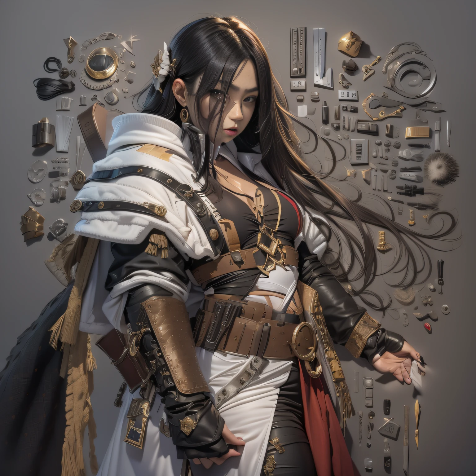 3 d model,Caramel macchiato, arma, The sword, halter, holdingweapon, 32K, Linen cloak, Top quality, Masterpiece:Faust,,1 child, long whitr hair, clouds, On your stomach, (tmasterpiece,k hd,hyper HD,16k),clutching a sword, buliding, Reflectors, bloods, Eastern Asia, Weapon focus, Skysky, brunette color hair, knifes, trouser, firey, banya, The clothes ar, bandagens, sword sheath, Masks, 独奏,