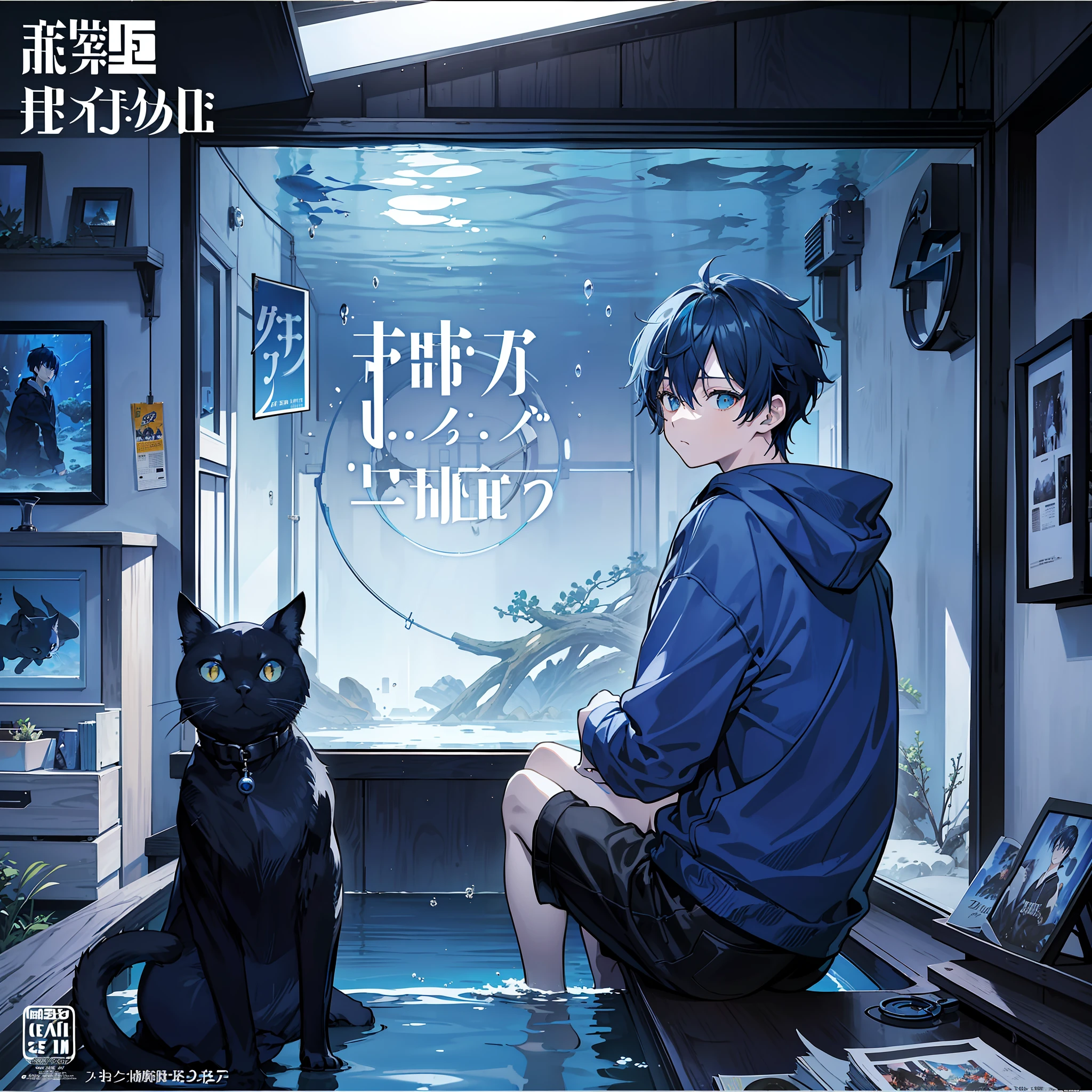 masterpiece, best quality, full body, (1boy), (blue hoodie), (Boy Messy Japanese Round Haircut for Thick Hair), (blue hair), black shorts, (solo), (magazine:1.3), (cover-style:1.3), fashionable,Under water, (in side tunnel aquarium), dark tone, dark mood,  (Solo black cat nearby),