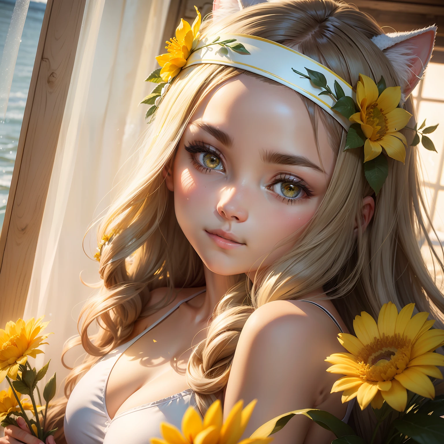 Winters,Snowy weather,Swimsuit woman,Flowers in hand,Yellow flowers,Headband crown,Lateral face,Tyndall rays,Contre-Jour,photo level,There is a pet cat in the back