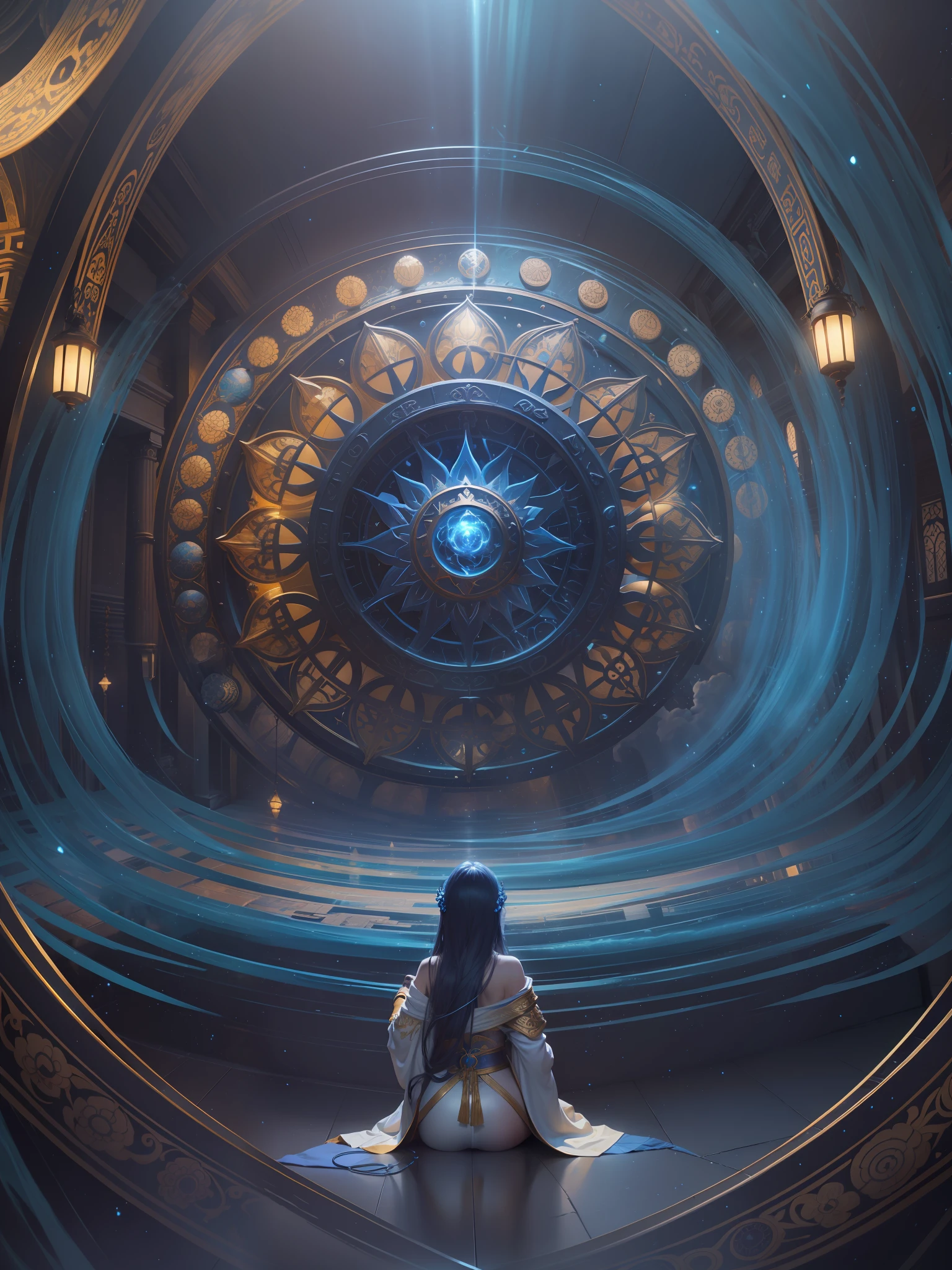 Picture quality:A masterpiece of high detail,8K,High-resolution body content:1girll,16 yaers old,Sideways position, Broad perspectives,wears a long robe,Glowing hair,long leges,Exudes an aura of majesty and wisdom,The blue Buddha statue of the Dharma wheel unfolds behind it,Behind him is the mysterious oversized blue wheel blue light,Countless glowing quicksand swirled around this figure,Divine sense top light,The feeling of being high,Background with:A dazzling paradise,enviroment:fanciful,full of sunlight,Buddha is full of light,utopian,The ethereal breath of the Holy Country bathed in the glow of the sky,Hopeful,Divine piety,mystical ambiance:Mysterious and unknowable sense of light:sun light,Strong sunshine,Magic beam,The fantasy of the future world is intertwined with reality,Color:Infused with ethereal hues and luminous blue hues,White-blue,High purity color, composition:Ultra-wide angle composition,Faraway view, Style reference:Virtual Engine,The magical texture of blue sparks,Chaotic real world