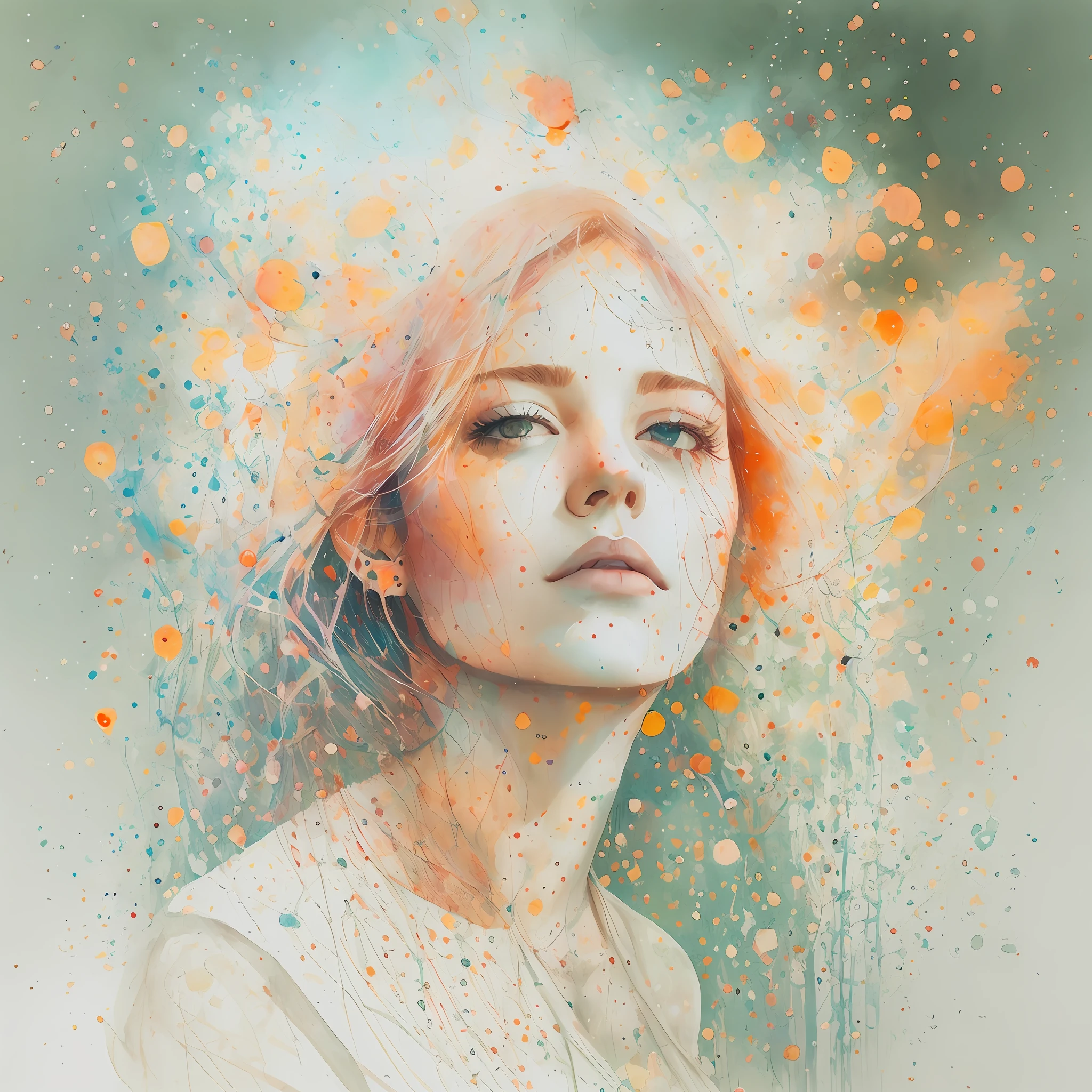 woman with agnes cecile, glowing design, pastel colors, ink drops, autumn lights
