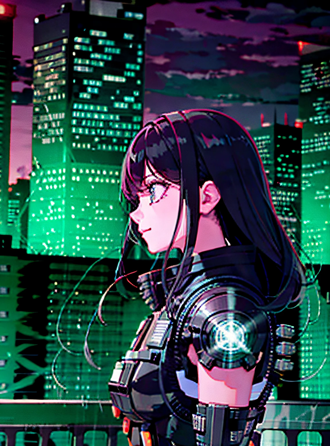 best quality:1.4, cyberpunk, mechanical parts, cyberpunk, neon lights, city, 1girl,