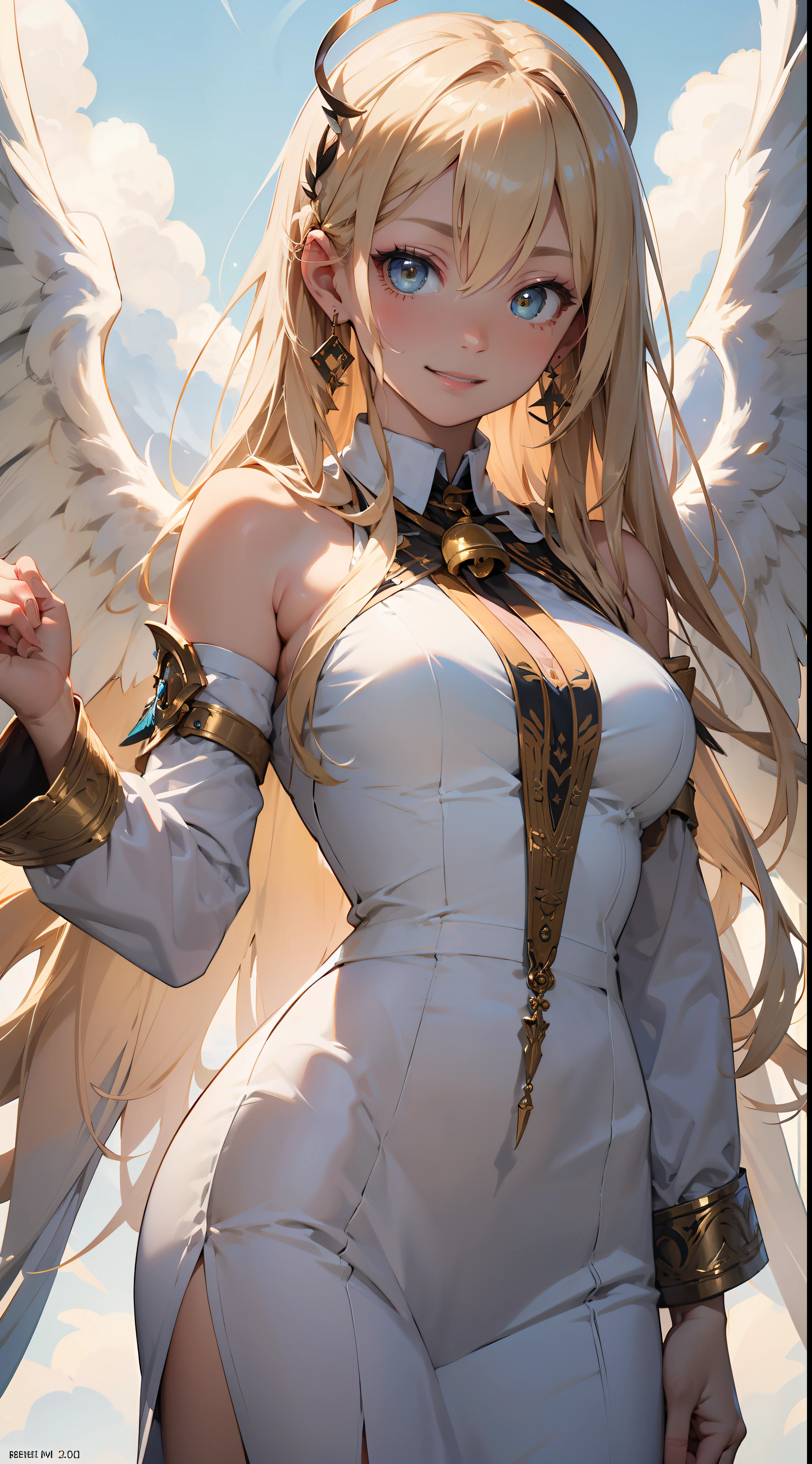 masterpiece, top quality, best quality, official art, beautiful and aesthetic, animation ,large angel wings, (one angel:1.5),white detached sleeves, very long hair, blonde hair, blonde halo, white feather hair ornament, earrings, neck bell, yellow eyes, large breasts, smile, looking at viewer, standing, day, beautiful detailed sky, feather, sparkle, ultra-detailed, incredibly absurdres, masterpiece, best quality, full color, 8k, beautiful face, beautiful eyes, beautiful hands, Best quality, masterpiece, ultra high res,