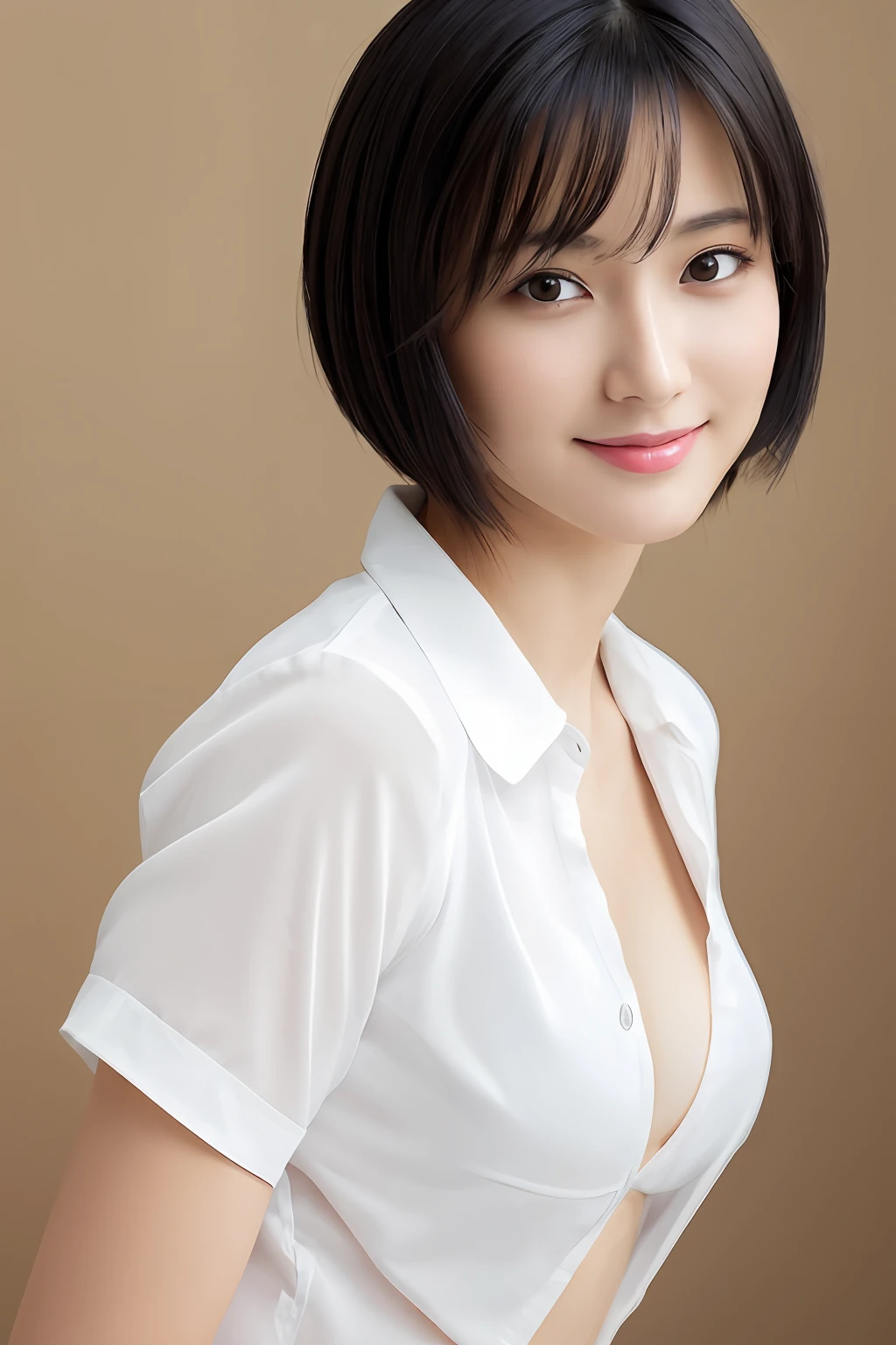 (masterpiece:1.3), (8k, photorealistic, RAW photo, best quality: 1.4), japanese, (1girl), beautiful face, (realistic face), (black hair, short hair:1.3), beautiful hairstyle, realistic eyes, beautiful detailed eyes, (realistic skin), beautiful skin, attractive, ultra high res, ultra realistic, highly detailed, golden ratio, detaled face,looking at viewer,smile,open white shirt,medium breasts,standing,hand on hip