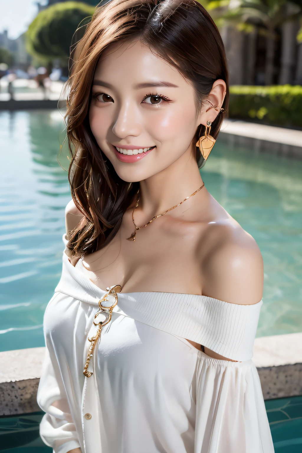(masterpiece:1.3), high resolution, ultra detailed, extremely detailed CG unity 8k wallpaper, realistic, photo-realistic, RAW photo, beautiful detailed face, pale skin, realistic glistening skin, detailed cloth texture, detailed hair texture, Perfect Style, Beautiful Face, accurate, Anatomically correct, Highly detailed face and skin texture, natural neck length, (thin and beautiful fingers),
BREAK,
Detailed eyes, symmetric eyes, Brown eyes, Double eyelids, Thin eyebrows, (Glossy lips:1.4), (embarrassed smile:1.2)
BREAK,
((Innocent and Cute girl:1.3)), ((wearing a off-shoulder White blouse:1.4)), (beautiful clavicle), (Gold strings belt), (skinny pants:1.2), (cross strap high heels:1.2),
(necklace, bracelet), (clutch bag over shoulder:1.2), (Thin hoop earrings), (pinky ring), (beautiful blue nails)
BREAK,
Layered Hairstyle, (brown hair:1.2), (wavy hair:1.2), medium long hair,
(large breasts, firm breast, nicely shaped breasts:1.1),
BREAK,
((dangling a keychain beside her face:1.3)), ((Two dolphins-shaped Keychain:1.3)),
BREAK,
(looking at viewer:1.2), (in wide seaside street:1.2)
(Cowboy shot:1.2), (Focus on face:1.2), (from above:1.1),