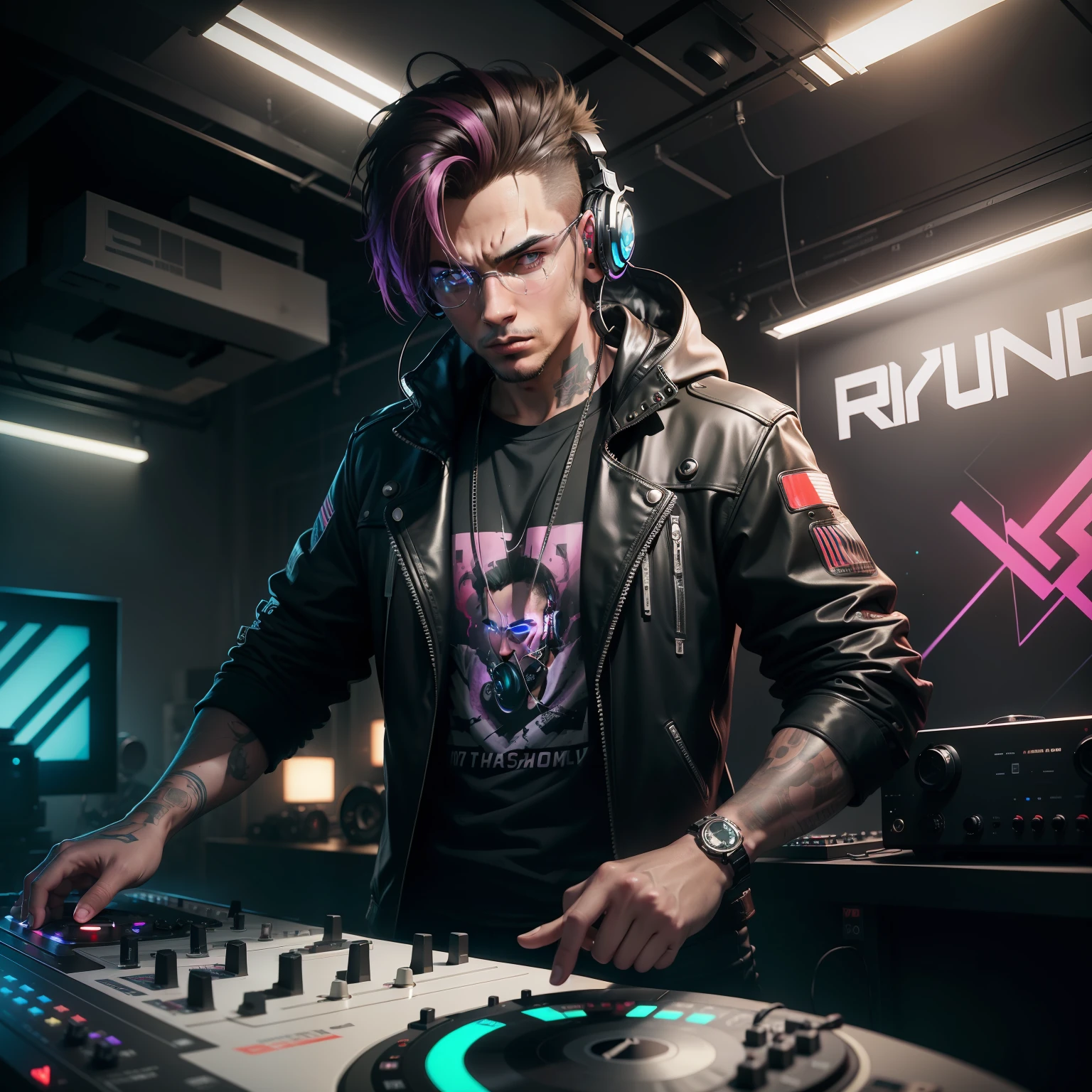 (best quality)), ((super detailed)), ((masterpiece)), photo, scene: equipped radio studio, theme: character: buffalo, appearance: DJ with headphones and microphone, action: dancing, facial expression: expressive, contains vinyl records, perspective: synthwave cyberpunk style, handsome man, surrounded by colorful soap bubbles, by Jeremy Mann, by Sandra Chevrier, punk rock, DJ man, young techno radio, light tracks, and metallic lines
Imagine a breathtaking photo taken with the utmost precision, showcasing an equipped radio studio. The theme centers around a unique character: a buffalo taking on the role of a DJ, donning headphones and gripping a microphone. The buffalo DJ is captured in the midst of an energetic dance, displaying an expressive facial expression. The studio itself is adorned with a collection of vinyl records, symbolizing a deep love for music. The scene is bathed in a captivating synthwave cyberpunk style, with vibrant colors and futuristic elements. The DJ, a strikingly handsome man, stands at the center of the composition, surrounded by a mesmerizing array of colorful soap bubbles. This remarkable artwork, a true masterpiece, is a collaborative creation by Jeremy Mann and Sandra Chevrier, seamlessly blending punk rock aesthetics with the vibrant atmosphere of a young techno radio. The image is accentuated by dynamic light tracks and metallic lines, adding an extra layer of visual allure.
In addition, the photo provides a full-body view of the DJ, showcasing his complete setup with a state-of-the-art sound system and a comprehensive CDJ setup, ensuring an immersive and authentic DJ experience.