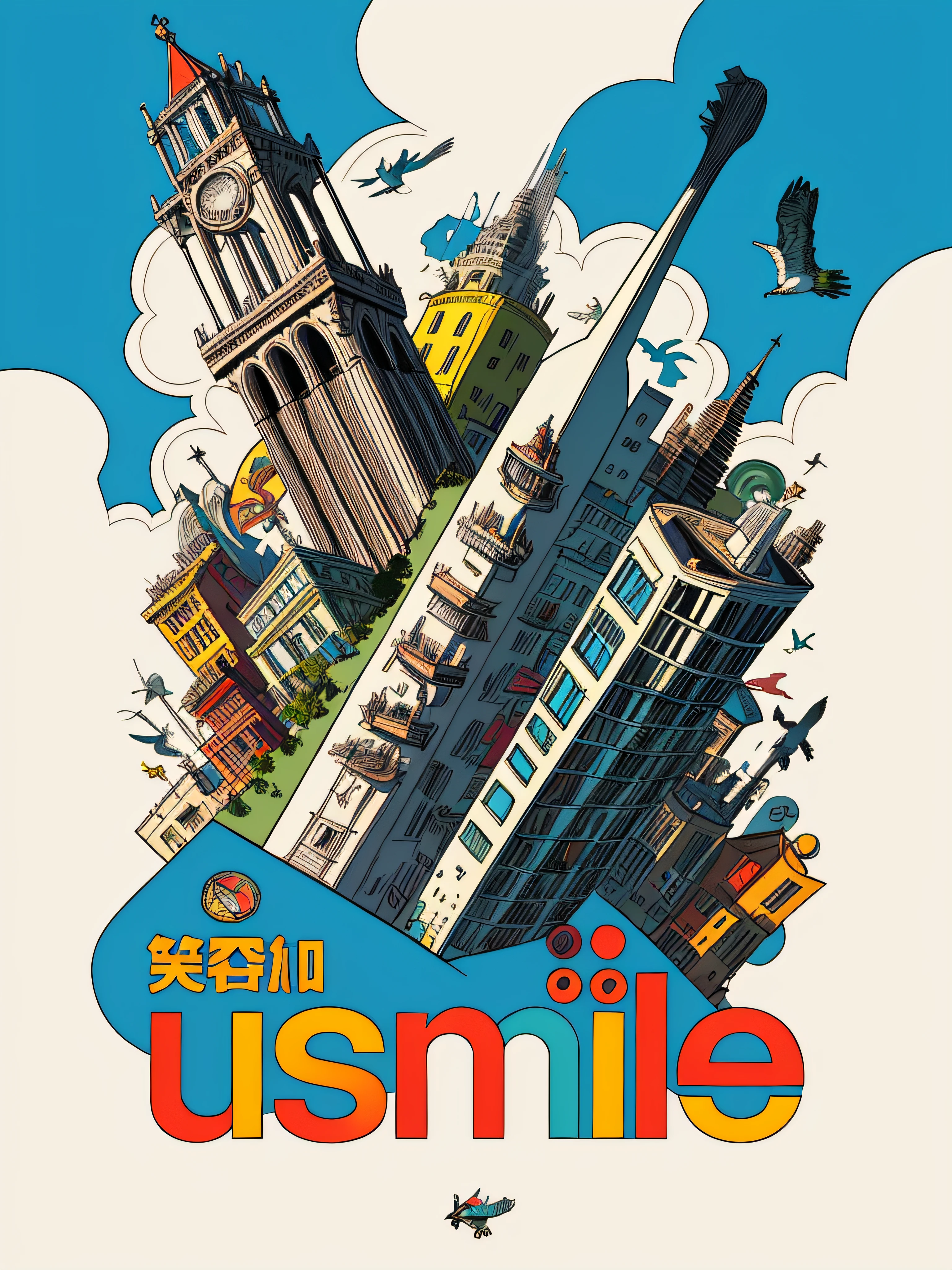 Chaotic maximalist San Francisco coit tower, bird's eye view and flying gastlis, illustrated by Herg, tin tin, pen-and-ink comic book style