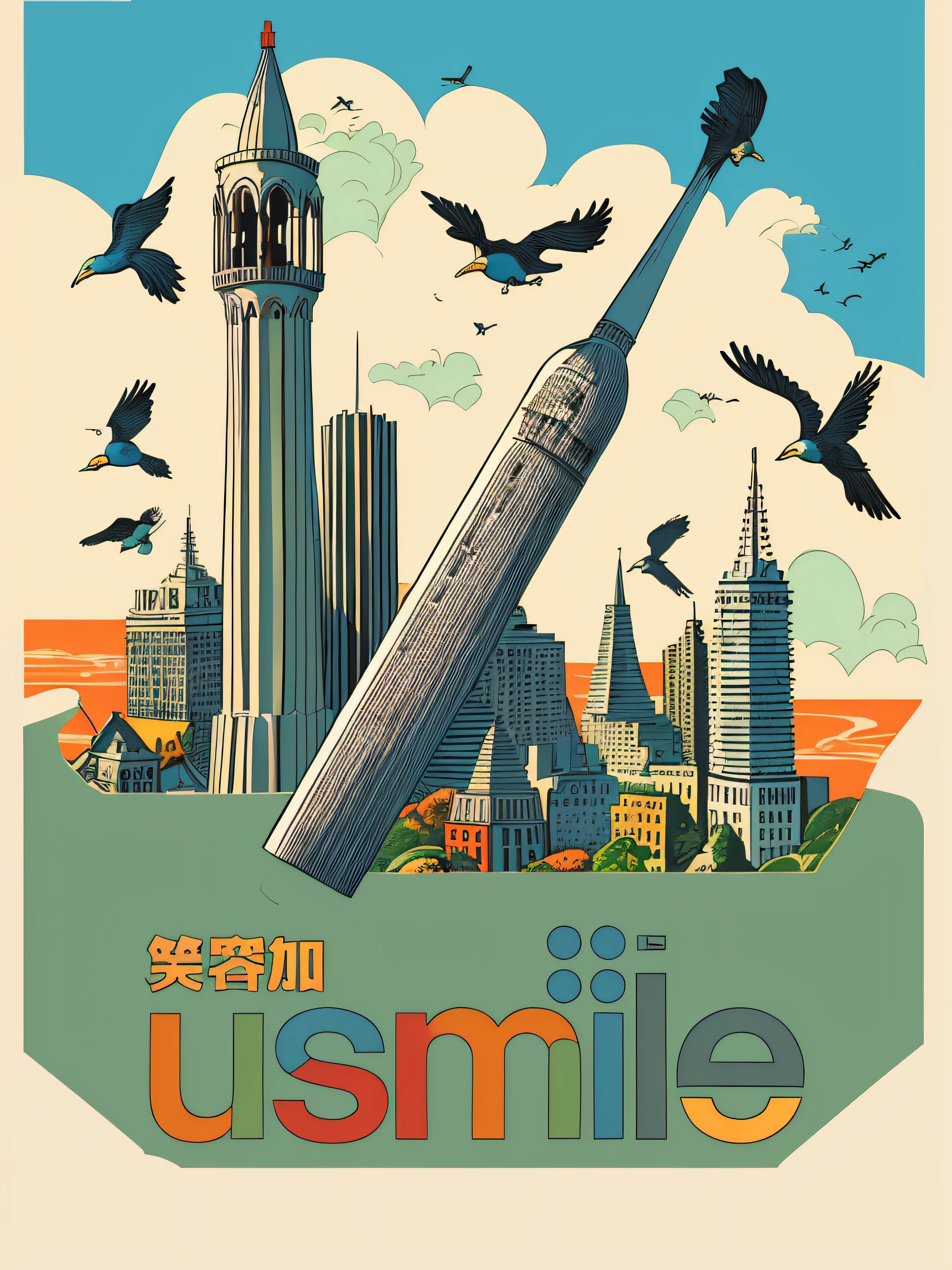 Chaotic maximalist San Francisco coit tower, bird's eye view and flying gastlis, illustrated by Herg, tin tin, pen-and-ink comic book style