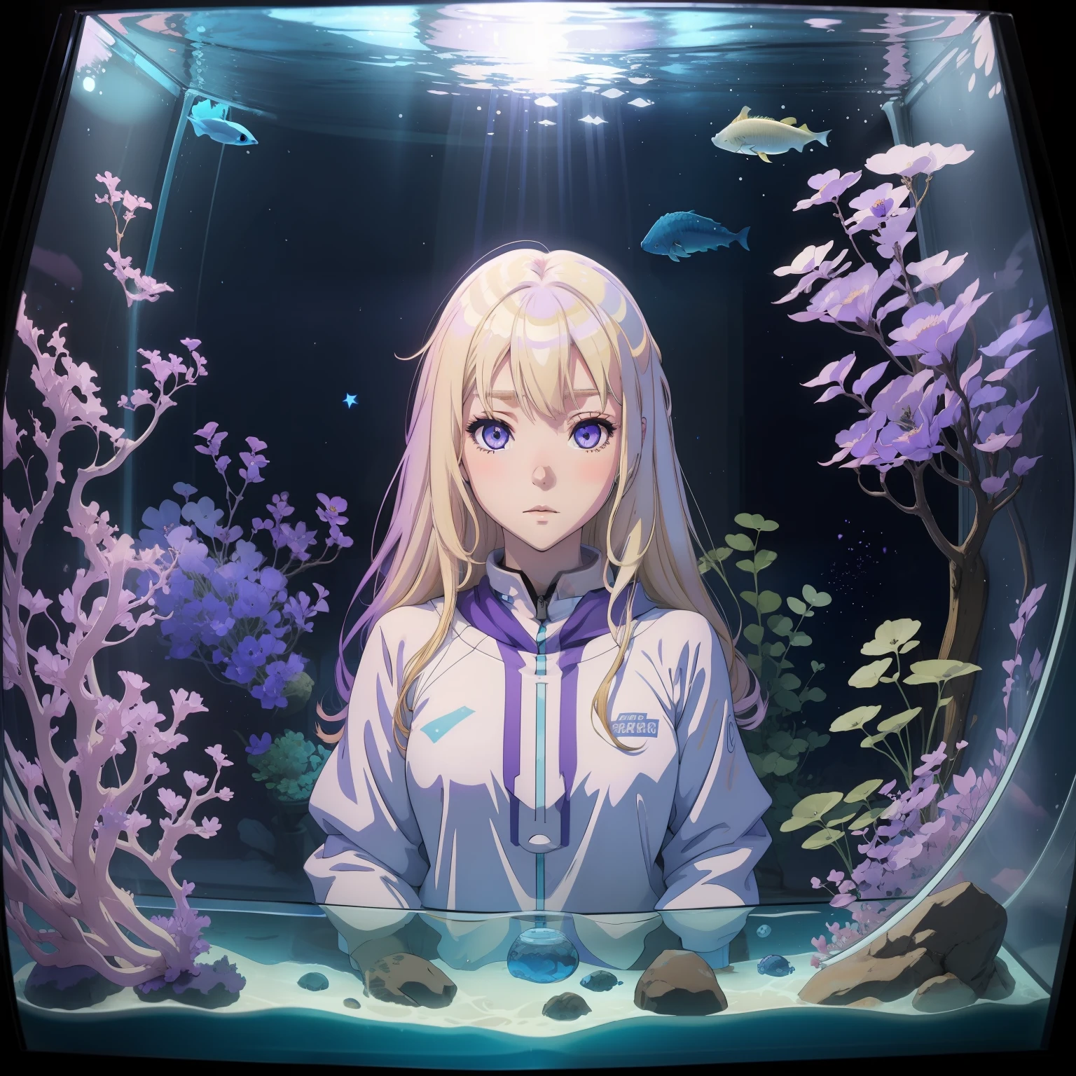 Light blonde haired anime girl with pale bluish violet colored eyes trapped inside an aquarium fish tank filled with water, stars and cosmos