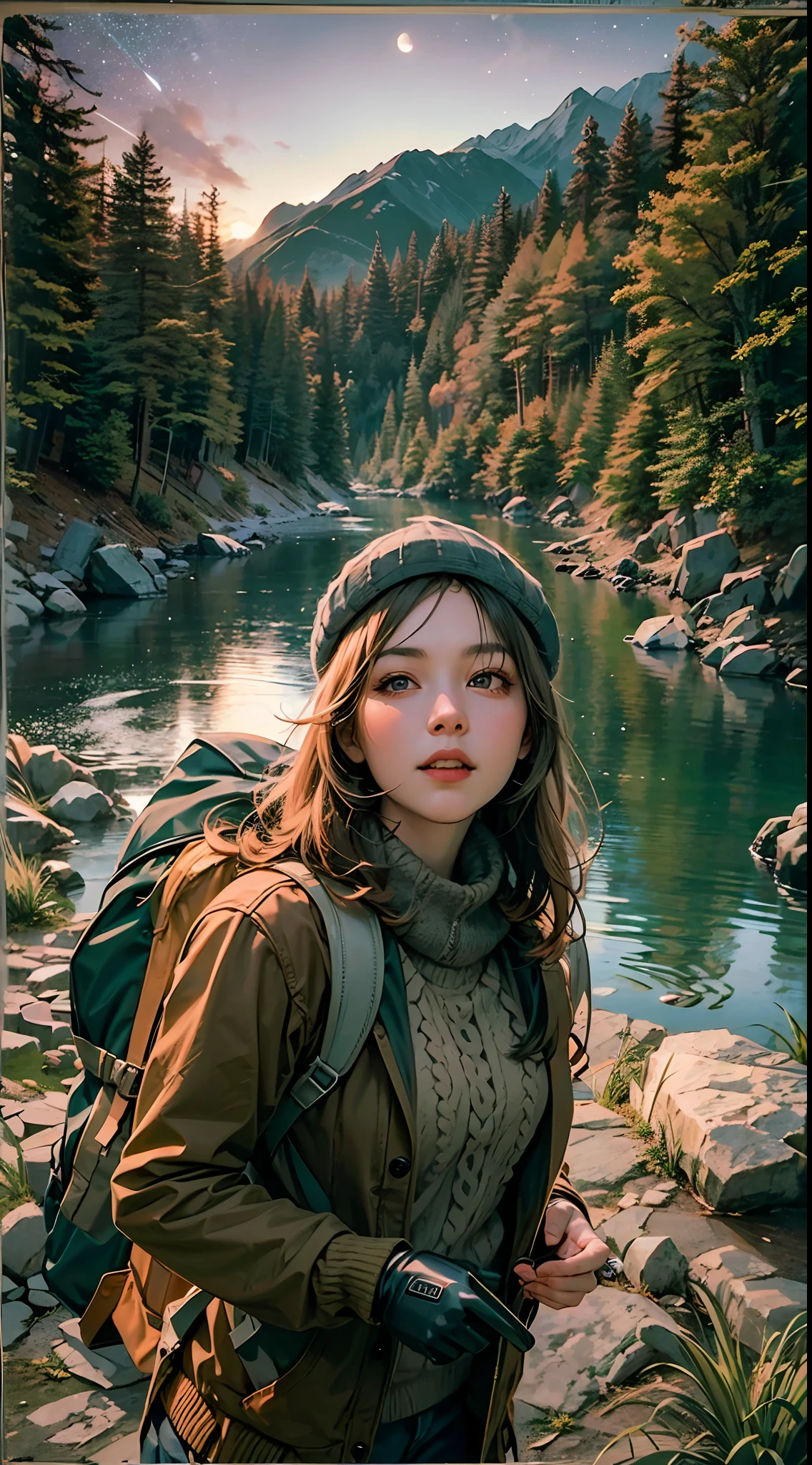 1 woman ((upper body selfie, happy)), masterpiece, best quality, ultra-detailed, ground, outdoor, (night), mountains, nature, (stars, moon) cheerful, happy, backpack, bag sleeping bag, camping stove, water bottle, mountain boots, gloves, sweater, hat, lantern, forest, rocks, river, wood, smoke, shadows, contrast, clear sky, style, (warm hue, warm tone): 1.2), close-up, cinematic light, side lighting, ultra high resolution, best shadow, RAW, upper body, old man, wearing pullover