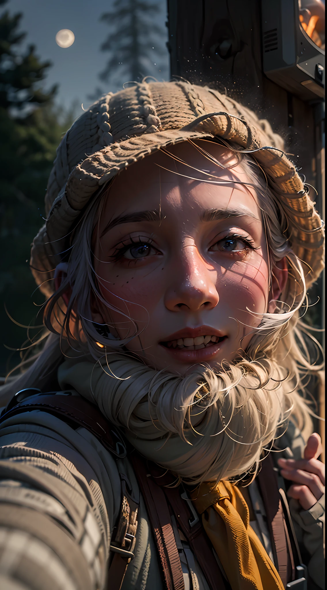 1 woman ((upper body selfie, happy)), masterpiece, best quality, ultra-detailed, ground, outdoor, (night), mountains, nature, (stars, moon) cheerful, happy, backpack, bag sleeping bag, camping stove, water bottle, mountain boots, gloves, sweater, hat, lantern, forest, rocks, river, wood, smoke, shadows, contrast, clear sky, style, (warm hue, warm tone): 1.2), close-up, cinematic light, side lighting, ultra high resolution, best shadow, RAW, upper body, old man, wearing pullover