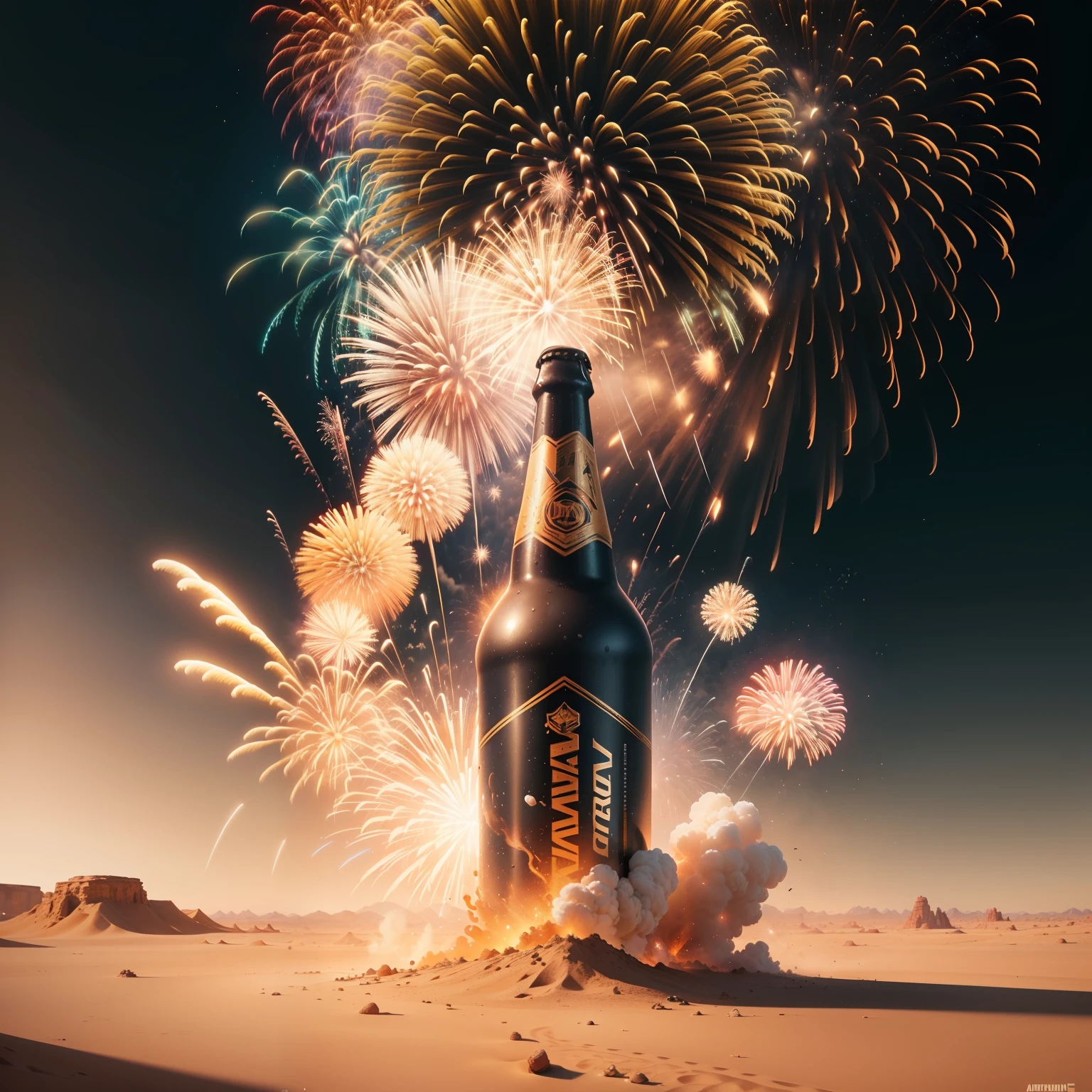 fireworks exploding from a bottle of beer in a desert landscape, inspired by Mike Winkelmann, by Alexander Kucharsky, by Aleksander Gierymski, by Mike Winkelmann, beeple and mike winkelmann, by Andrei Kolkoutine, volcano exploding, eruption, beeple. hyperrealism, beeple. octane render