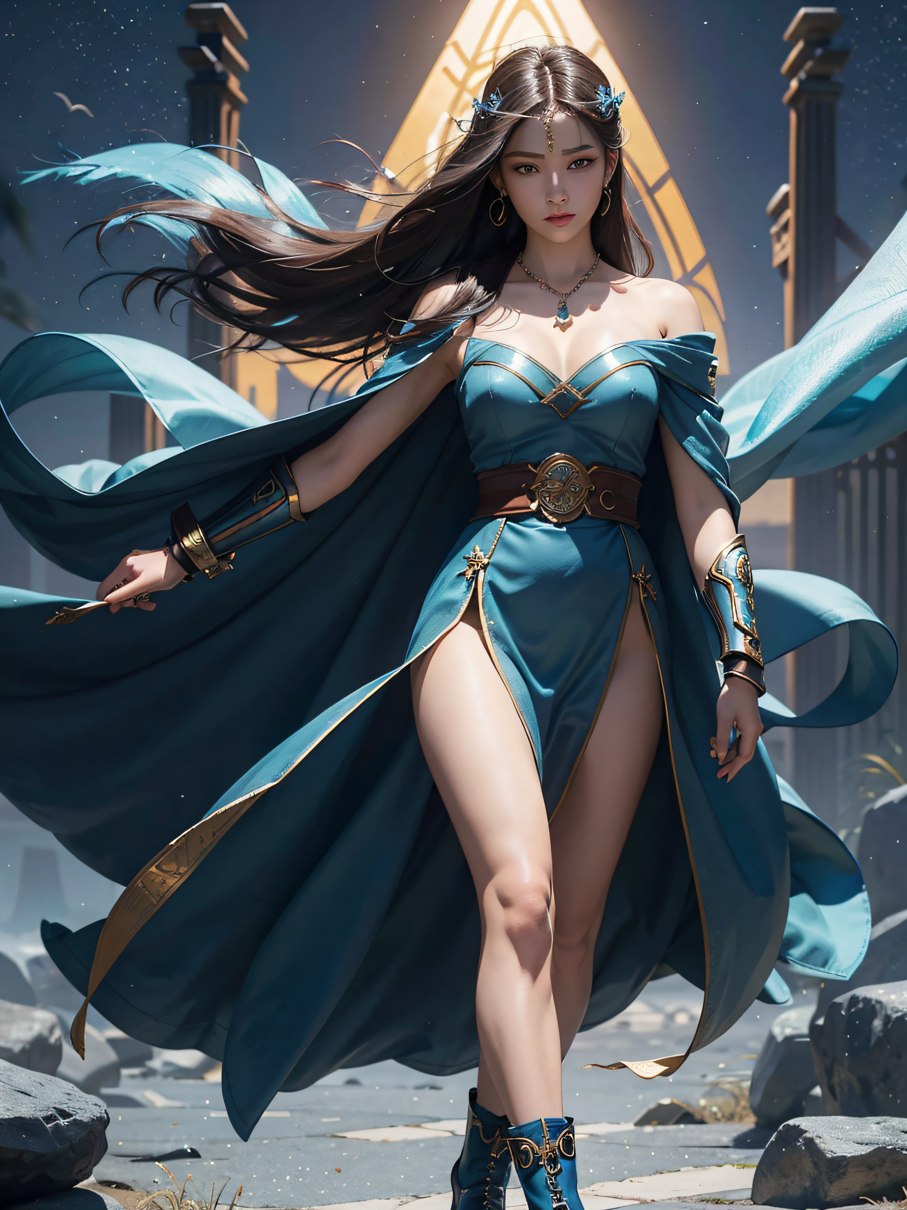 is a beautiful and mysterious giant。She has a toned body,The muscles are well defined,At the same time, it does not lose the feminine femininity。Her hair is a deep blue,Naturally hangs down on the shoulders,Gently fluttering with her movements。Ares' eyes are bright turquoise,Shining with wisdom and strength。
Ares' skin has a natural wheat color,A golden color with a hint of sunshine。Her cheeks flushed slightly,It gives a warm feeling。Her eyebrows are slender and soft,It's like a crescent moon,Complements the bridge of the nose,Make her facial features more three-dimensional。Her lips are full,The color is like a sweet cherry,Slightly upturned,Always with a smile。
Ares' costume is a unique warrior suit,Made of dark blue cloth,Shimmering with a mysterious sheen。The top fits snugly against the body,Shows her toned curves,A wide belt is tied around the waist,It is set with exquisite gemstones。Her dress has an elegant wavy hem,Swing gracefully with her steps。In the legs,She wore a pair of blue combat boots,Light and strong。
Ares wore a blue cloak over his shoulders,Blowing in the wind,Makes her appear even taller and more powerful。Her hands are wearing blue metal gauntlets,It is engraved with ancient mysterious runes。Around her neck hangs a necklace of blue gemstones,Echoes the gemstones on the belt,Highlight her noble status。