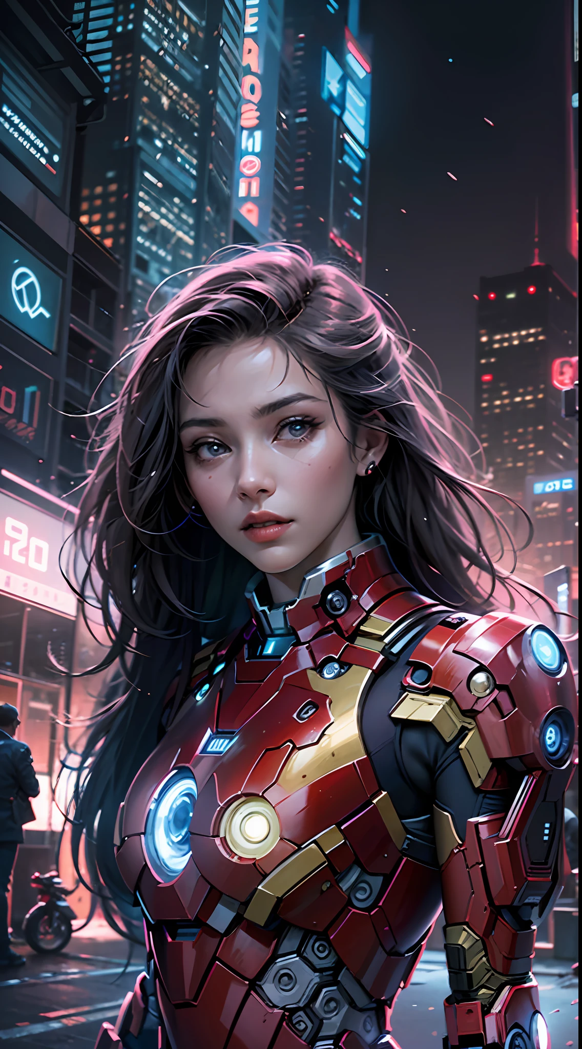 8k, realistic, attractive, highly detailed, a 20 year old girl a sexy and attractive woman inspired by Iron Man wearing a shiny Iron Man mech. She dresses with sexiness and confidence, perfectly interpreting Iron Man's strength and charisma. In a cyberpunk-style city night scene, a sexy and attractive woman takes Iron Man's cosplay as the theme. Wearing a shiny Iron Man mech, she stands on a street lined with tall buildings. The night lights of the city are bright, reflecting on her mecha, adding a sense of future technology. The surrounding buildings and streets are full of cyberpunk elements, such as neon lights, high-tech devices and futuristic architectural designs. The whole scene is full of futuristic and sci-fi atmosphere. This high-definition, high-quality picture will bring you stunning visual enjoyment, a perfect combination of sexy, futuristic and sci-fi elements. oc rendering, dramatic lighting, award winning quality