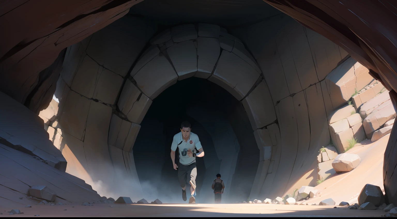 The son saw the scene inside the cave，Sweating in horror，Frightened, he quickly fled home。