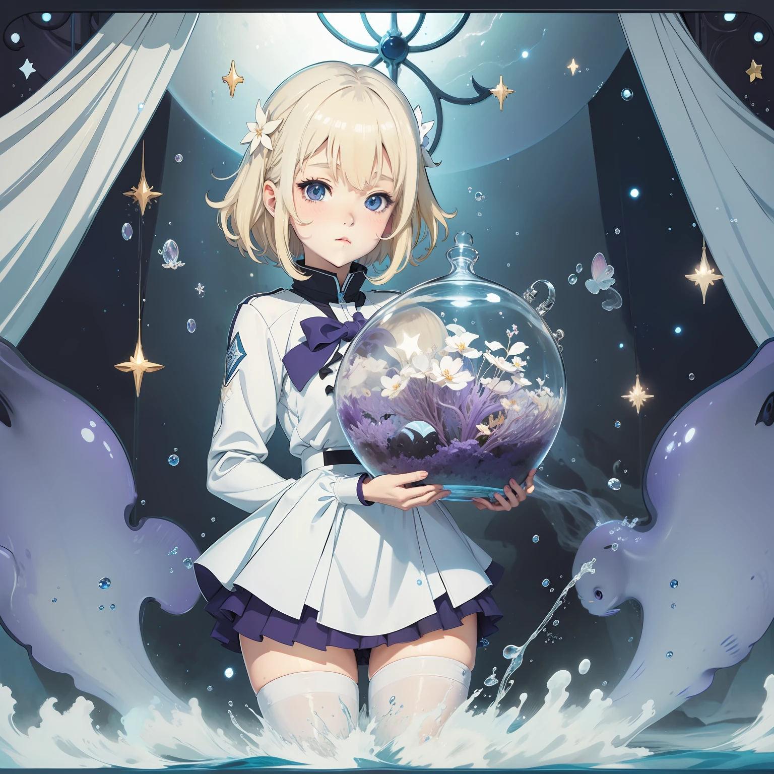Light blonde haired anime girl with pale bluish violet colored eyes trapped inside an aquarium fish tank filled with water, stars and cosmos