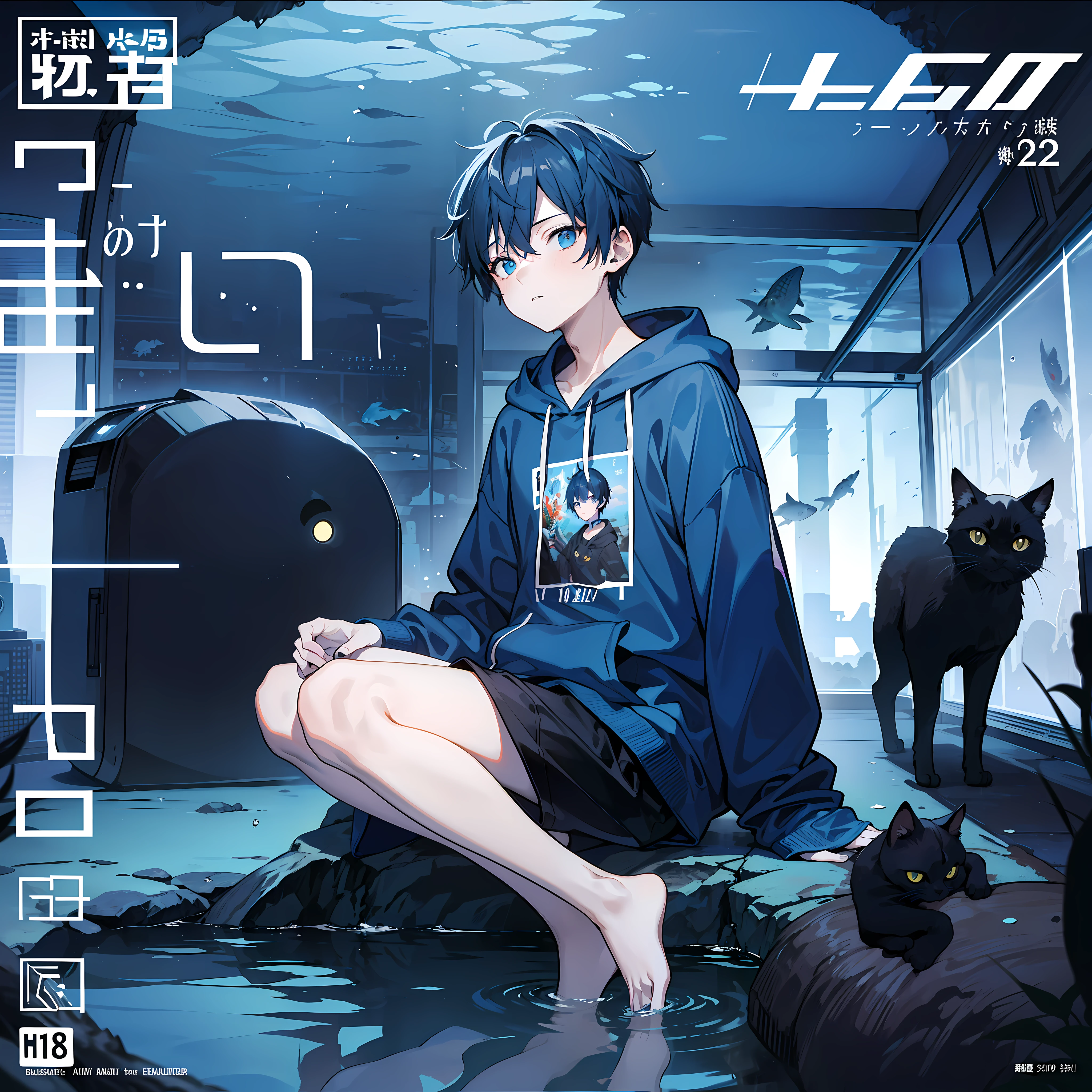 masterpiece, best quality, full body, (1boy), (blue hoodie), (Boy Messy Japanese Round Haircut for Thick Hair), (blue hair), black shorts, (solo), (magazine:1.3), (cover-style:1.3), fashionable,Under water, (in side tunnel aquarium), dark tone, dark mood,  (Solo black cat nearby),