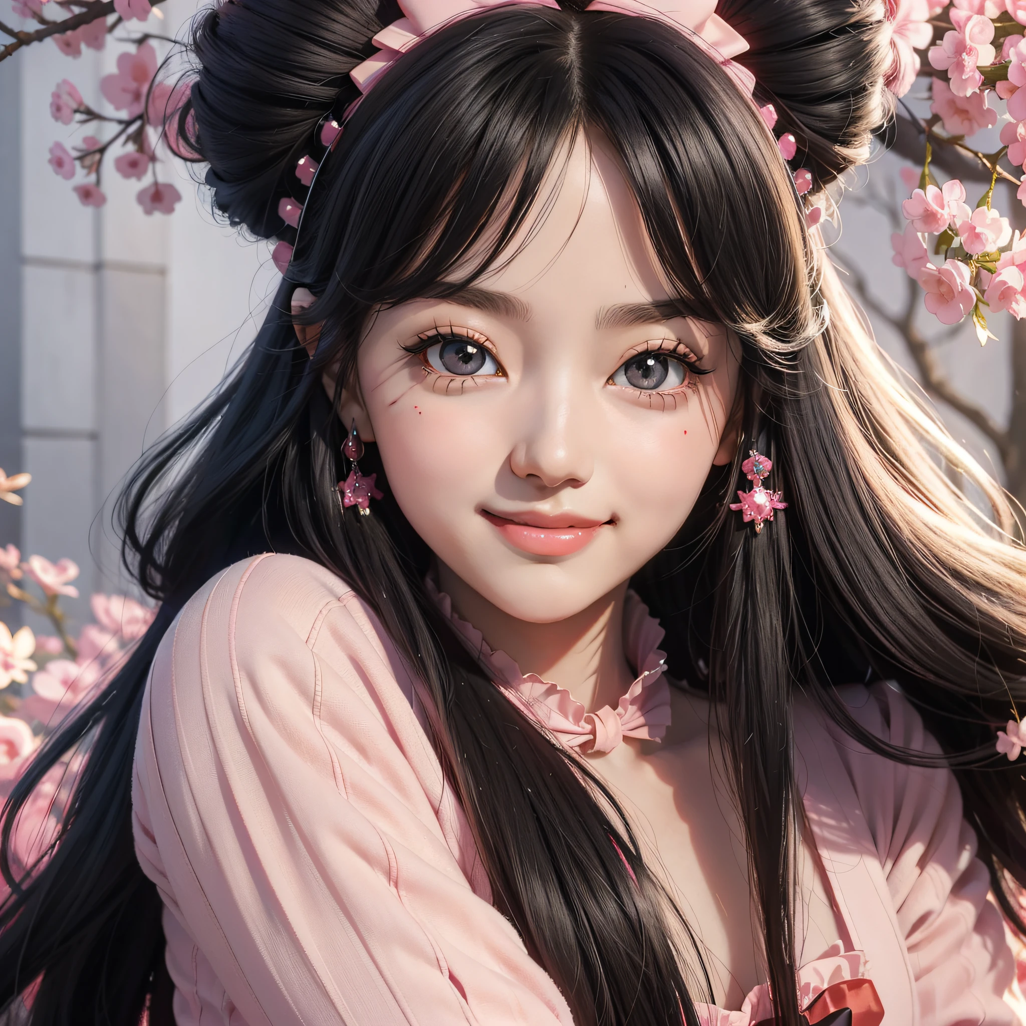 1970s anime qirl with black straight hair and pink big bow in Janpan manga style style,Big eyes, Smiling face,Animated GIF of a cold beauty,Strong close-up light red and black,Depictions of aristocracy are iconic pop culture references,UHDimage --AR 1:1 --niji 5