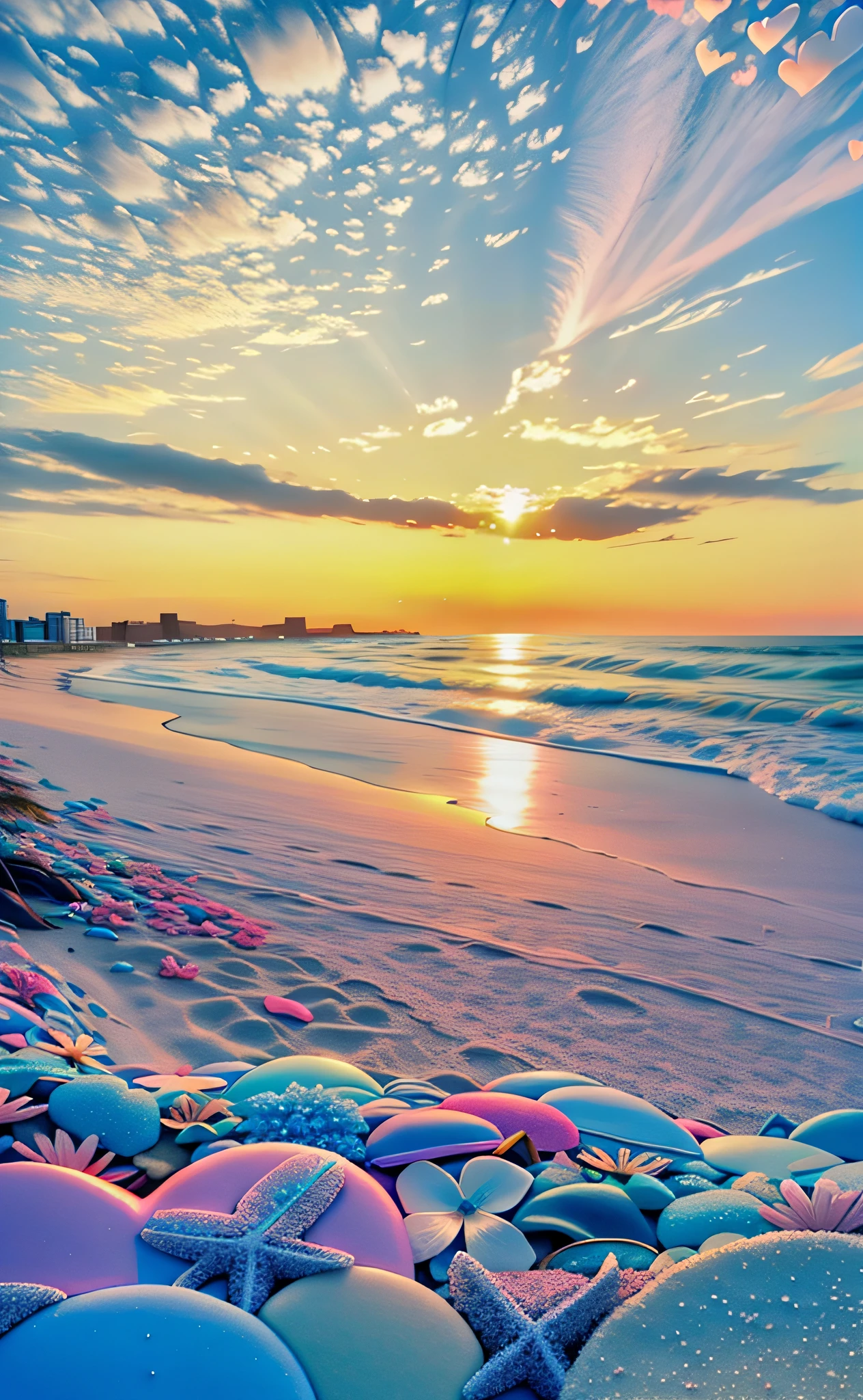 There is a beach，There are a lot of flowers and a heart-shaped object, Blue and pink, pink and blue color, Beautiful beach, flowers sea everywhere, Beautiful ocean, beautiful dreamy breathtaking, pastel overflow, shades of pink and blue, Beautiful wallpaper, serene beach setting, beatiful background, vibrant pastel colors, Magical beach, Beautiful background, breath-taking beautiful beach