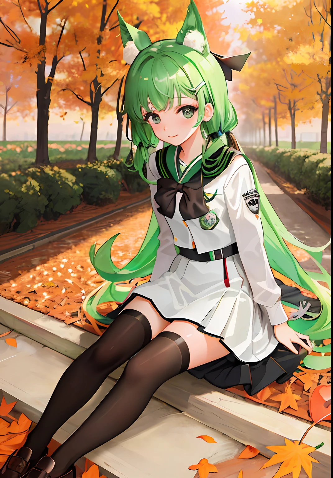 masterpiece,best quality,official art,extremely detailed CG unity 8k wallpaper,illustration,solo,1girl,bishojo,Bright, autumn, rural, green hair, black eyes, student uniforms, student shoes,
